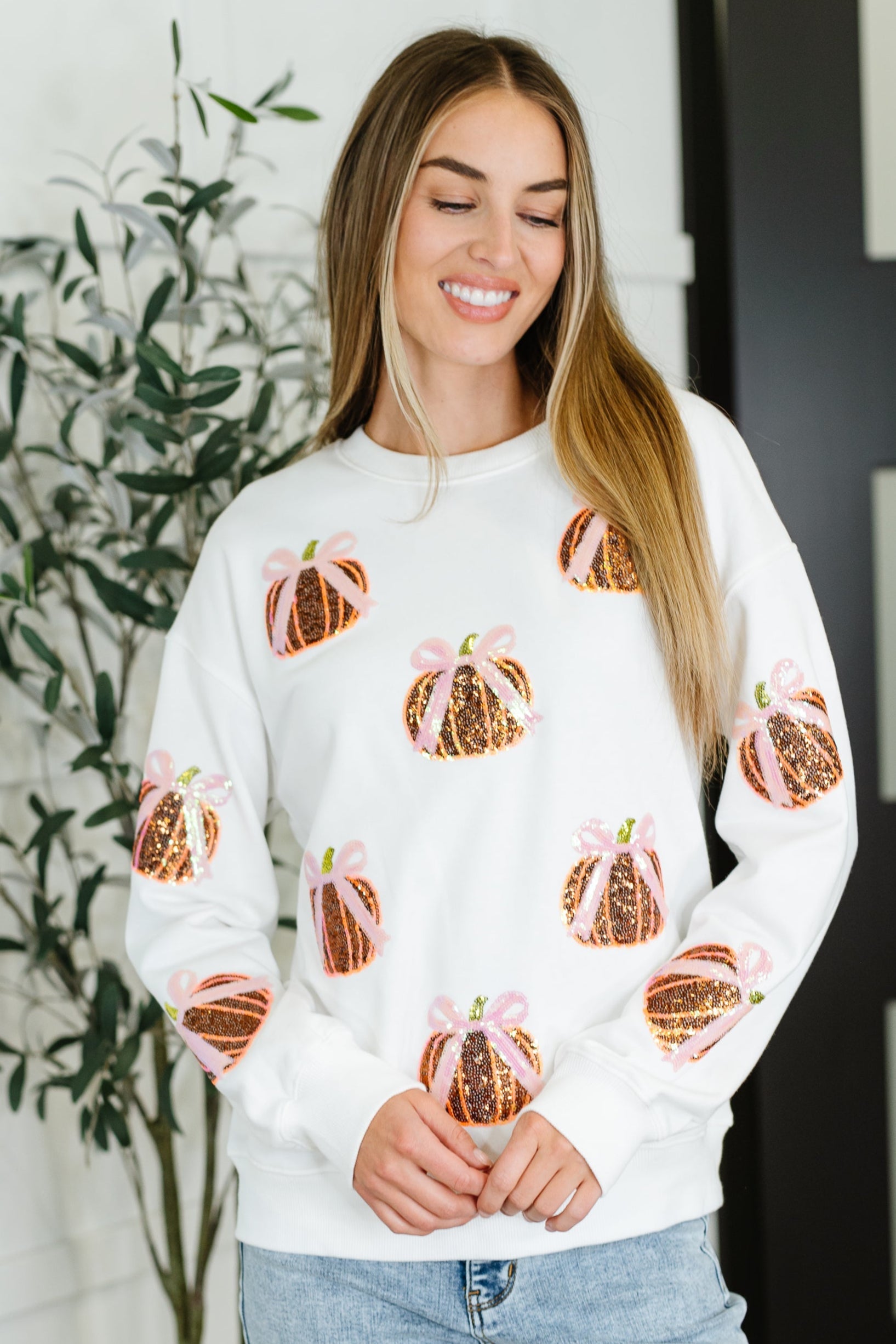 PREORDER: Sequin Pumpkin Bow Pullover Womens