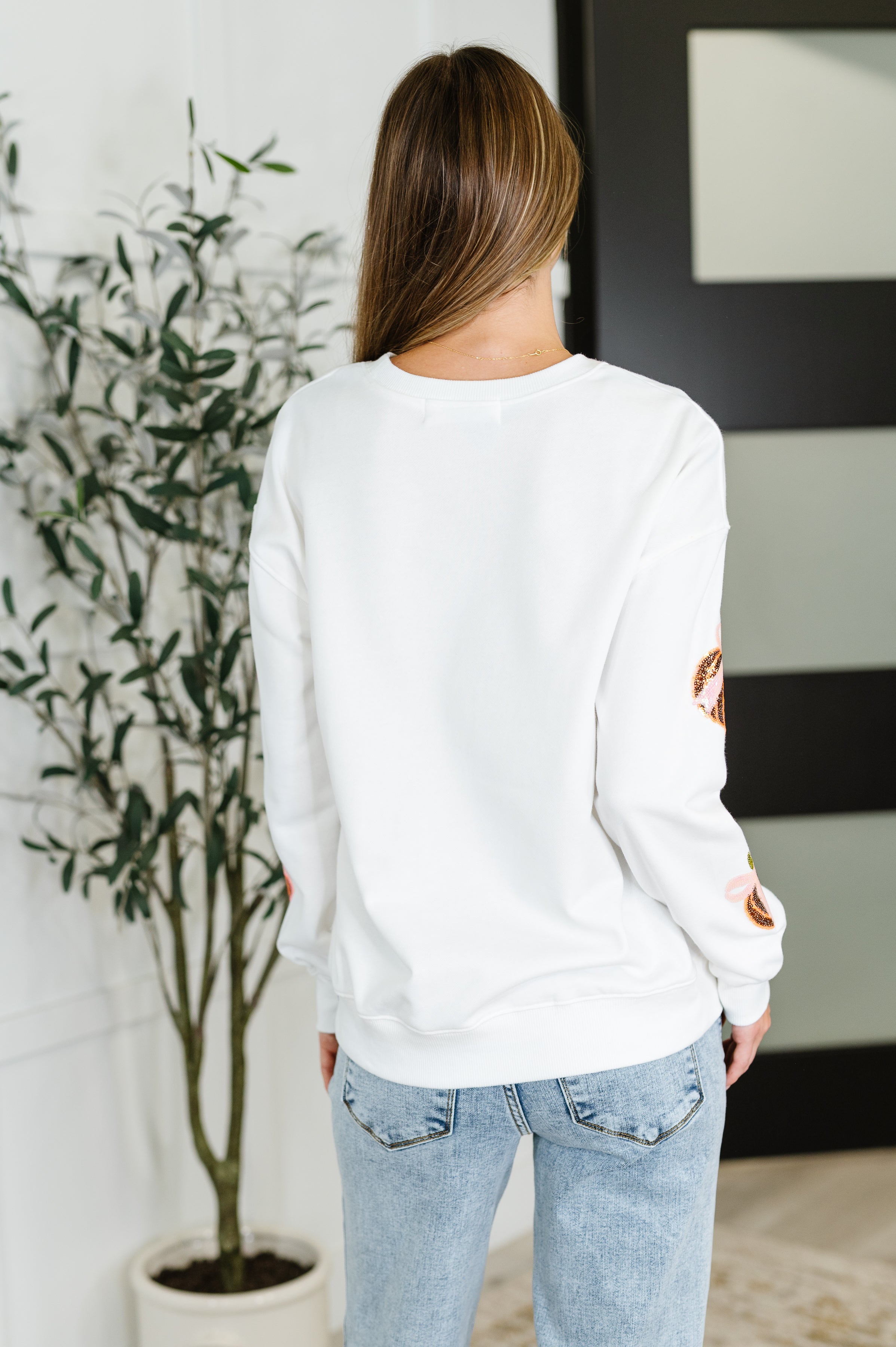 PREORDER: Sequin Pumpkin Bow Pullover Womens