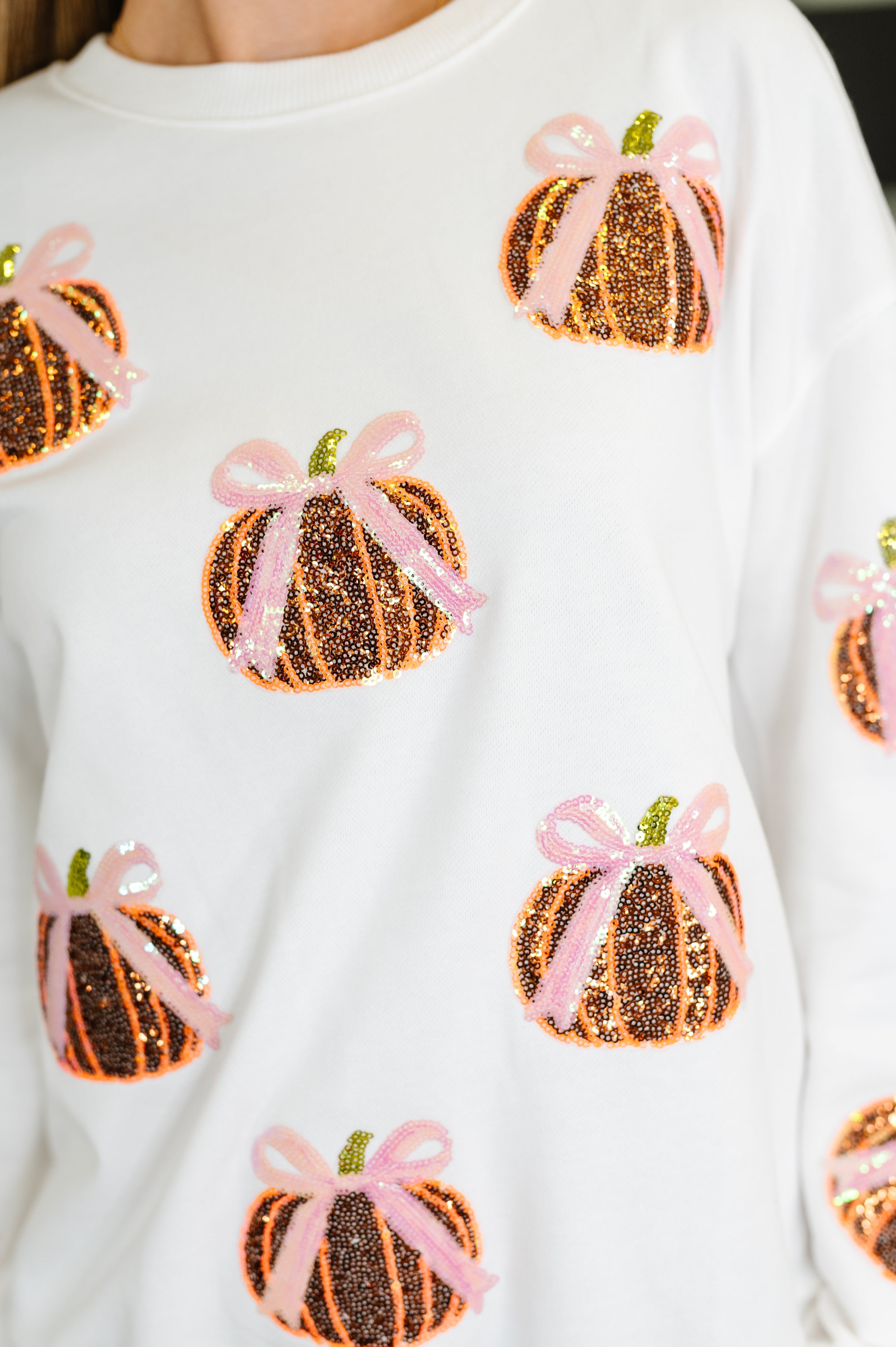 PREORDER: Sequin Pumpkin Bow Pullover Womens