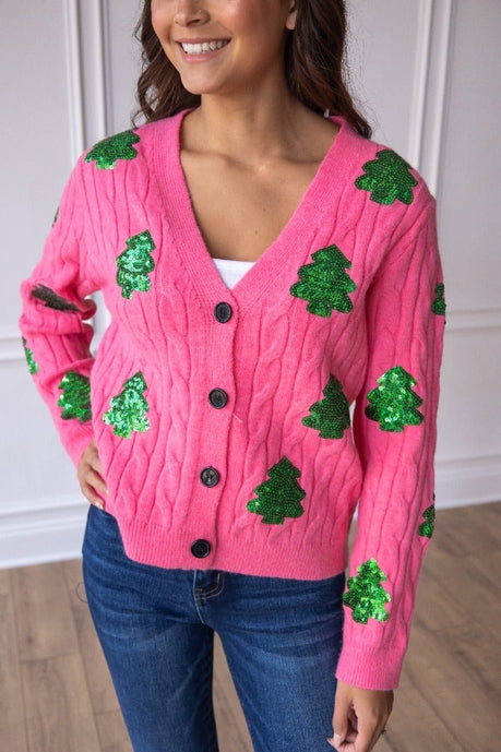 Southern Grace Sequin Trees Pink Cardigan 2XL 3XL Shirts & Tops