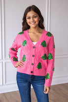 Southern Grace Sequin Trees Pink Cardigan Shirts & Tops