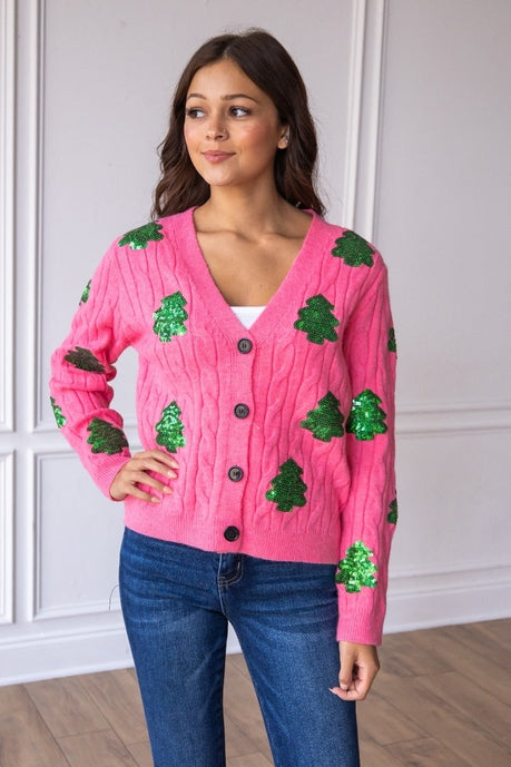 Southern Grace Sequin Trees Pink Cardigan Shirts & Tops