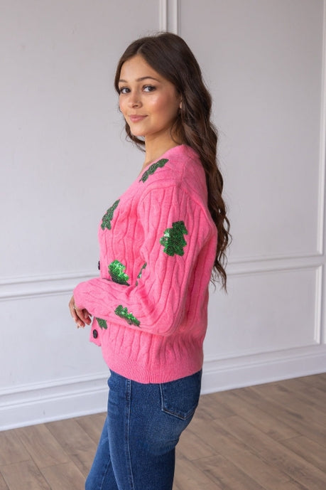 Southern Grace Sequin Trees Pink Cardigan Shirts & Tops