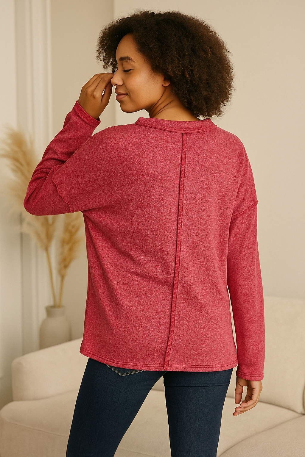 Zenana Dark Red Soft Melange Hacci Round-Neck Long Sleeve T-Shirt
