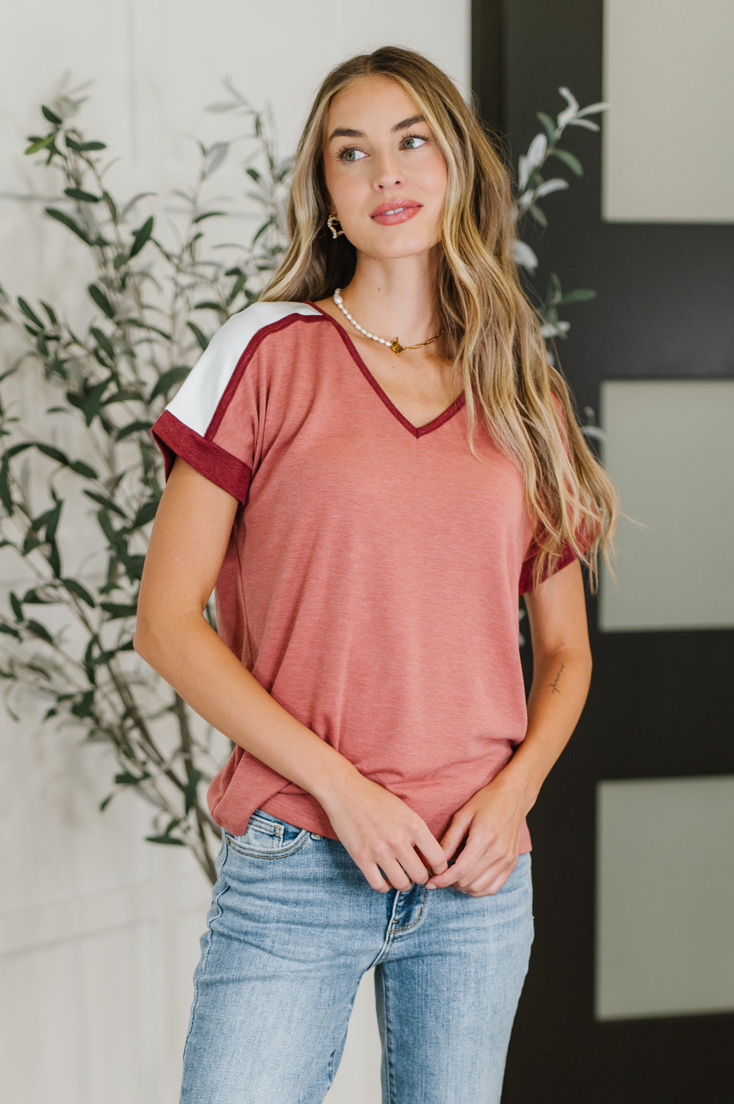Staccato Sew Into You V-Neck Top in Light Rust Womens