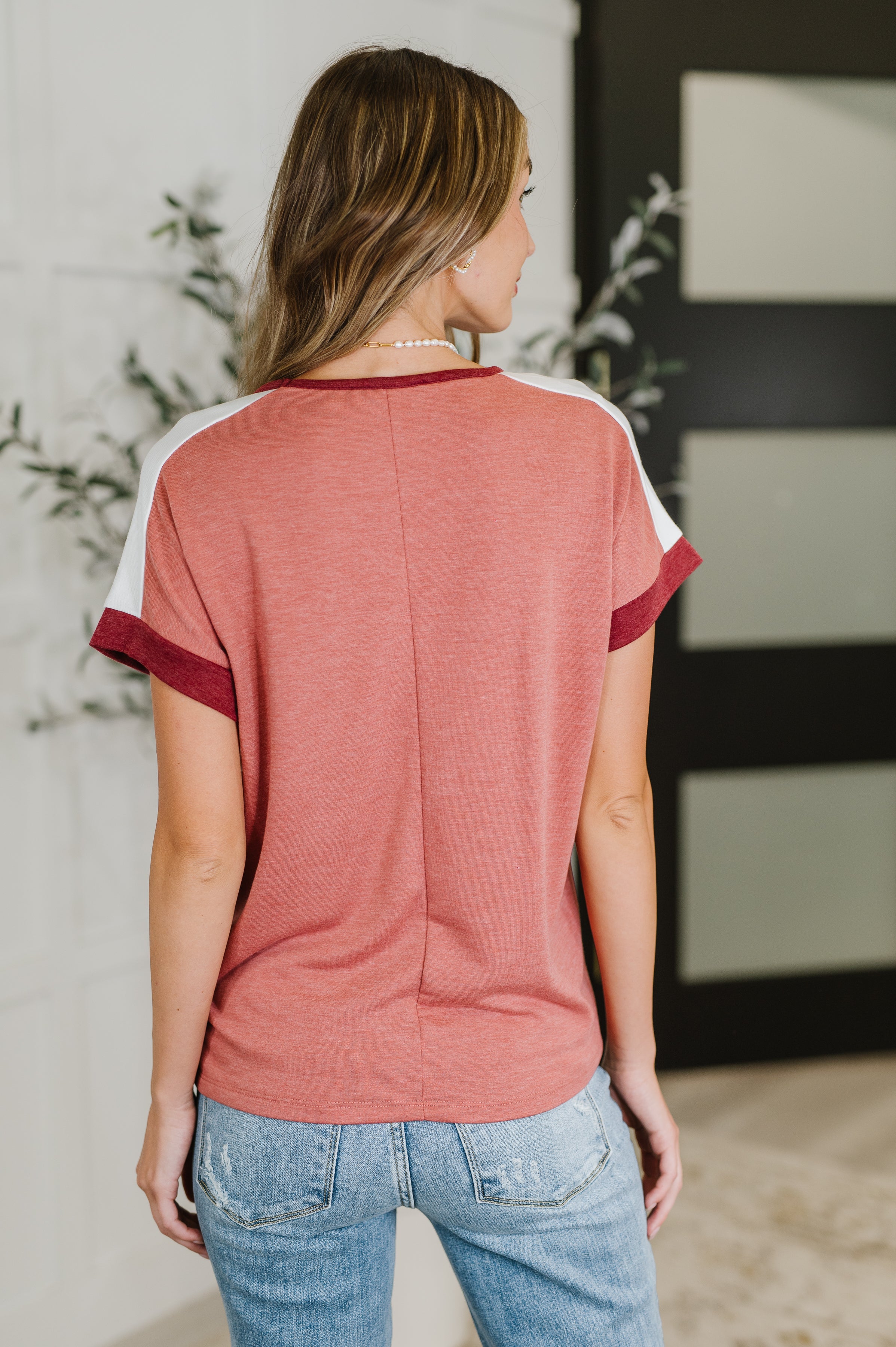 Staccato Sew Into You V-Neck Top in Light Rust Womens