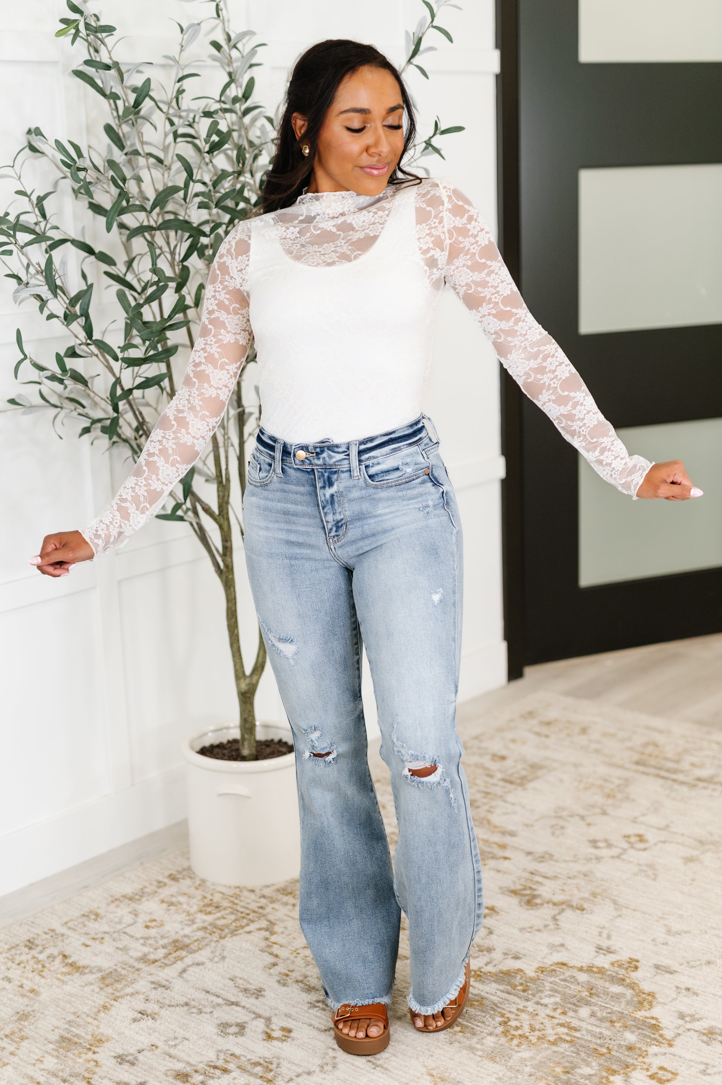 Haptics Sheer Intentions Lace Layering Top in Ivory Womens