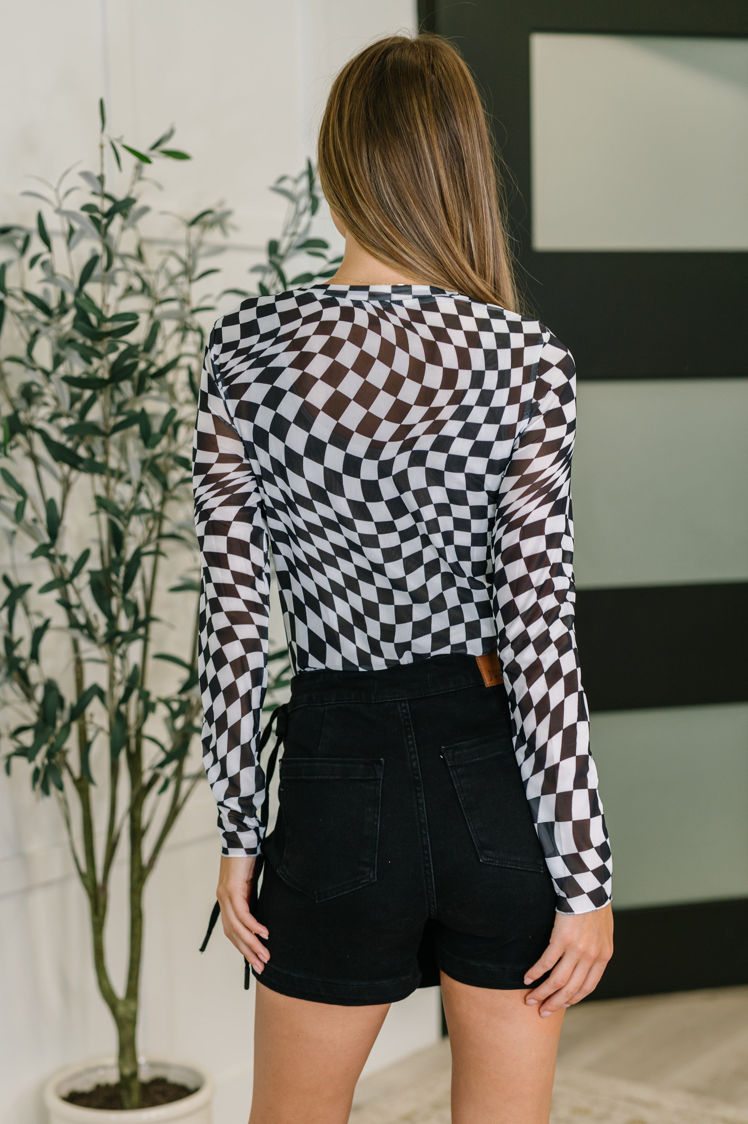PREORDER: Sheer Long Sleeve Checkered Layering Top in Three Colors Womens