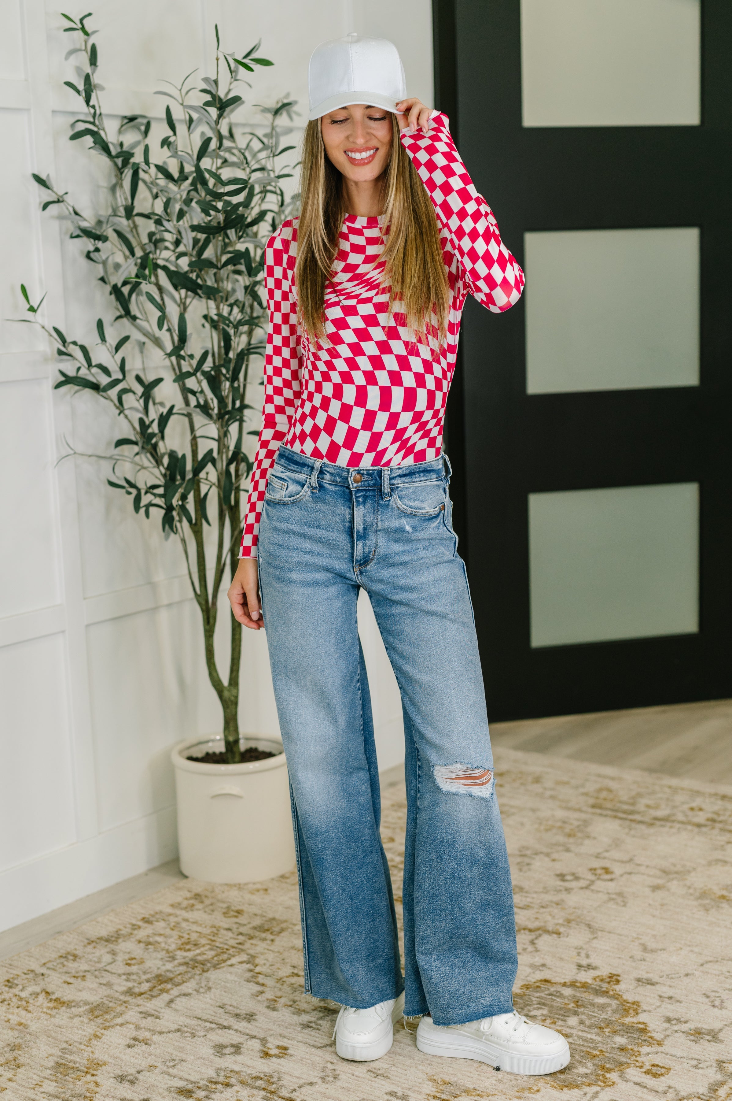 PREORDER: Sheer Long Sleeve Checkered Layering Top in Three Colors Womens