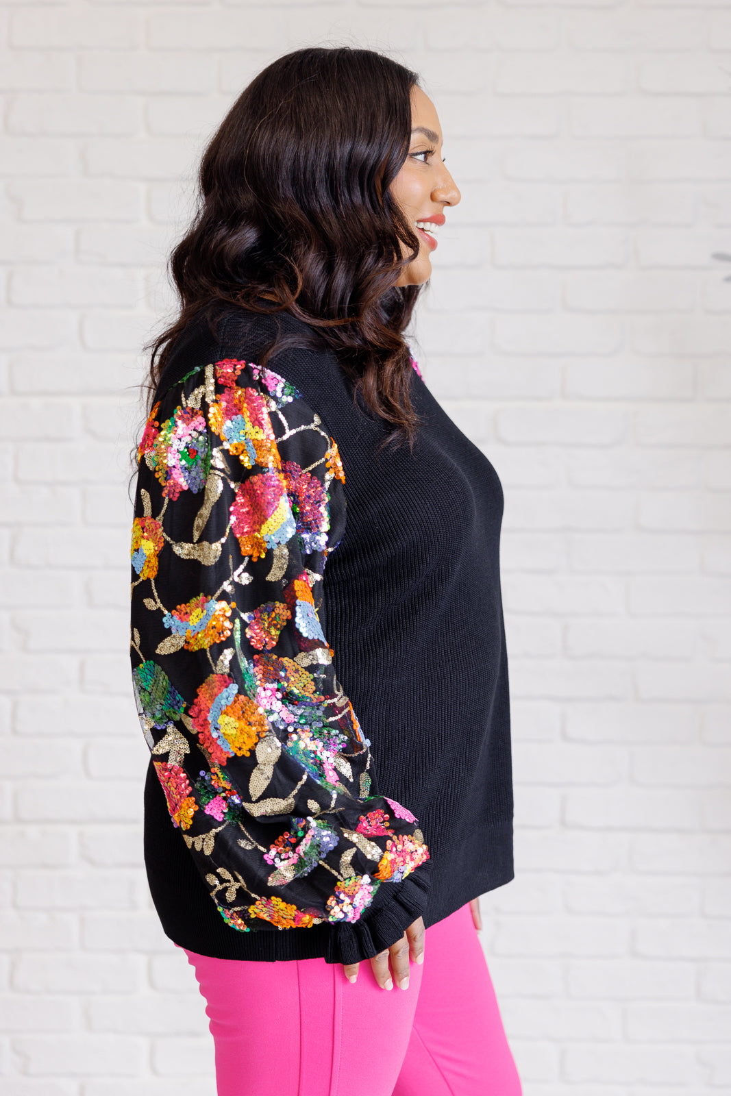 Haptics Floral Sequins Mesh Long Sleeve Sleeve Blouse Tops