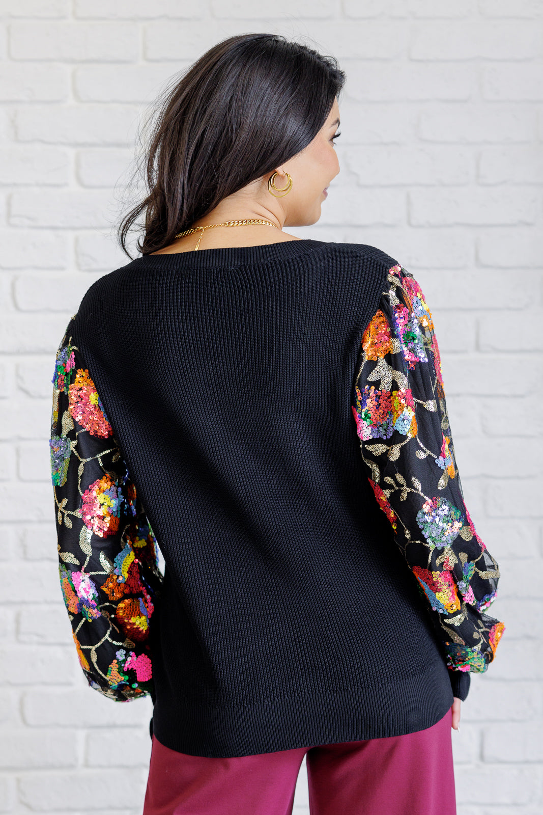 Haptics Floral Sequins Mesh Long Sleeve Sleeve Blouse Tops