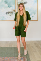 Zenana Short Sleeve V-Neck Romper in Army Green Ave Shops