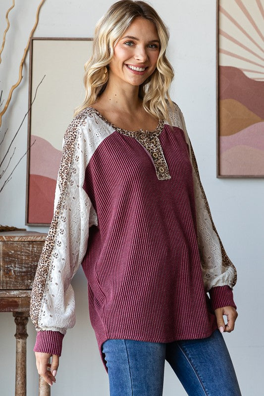 7th Ray Bold Behavior Contrast Color Block Top in Burgundy Womens