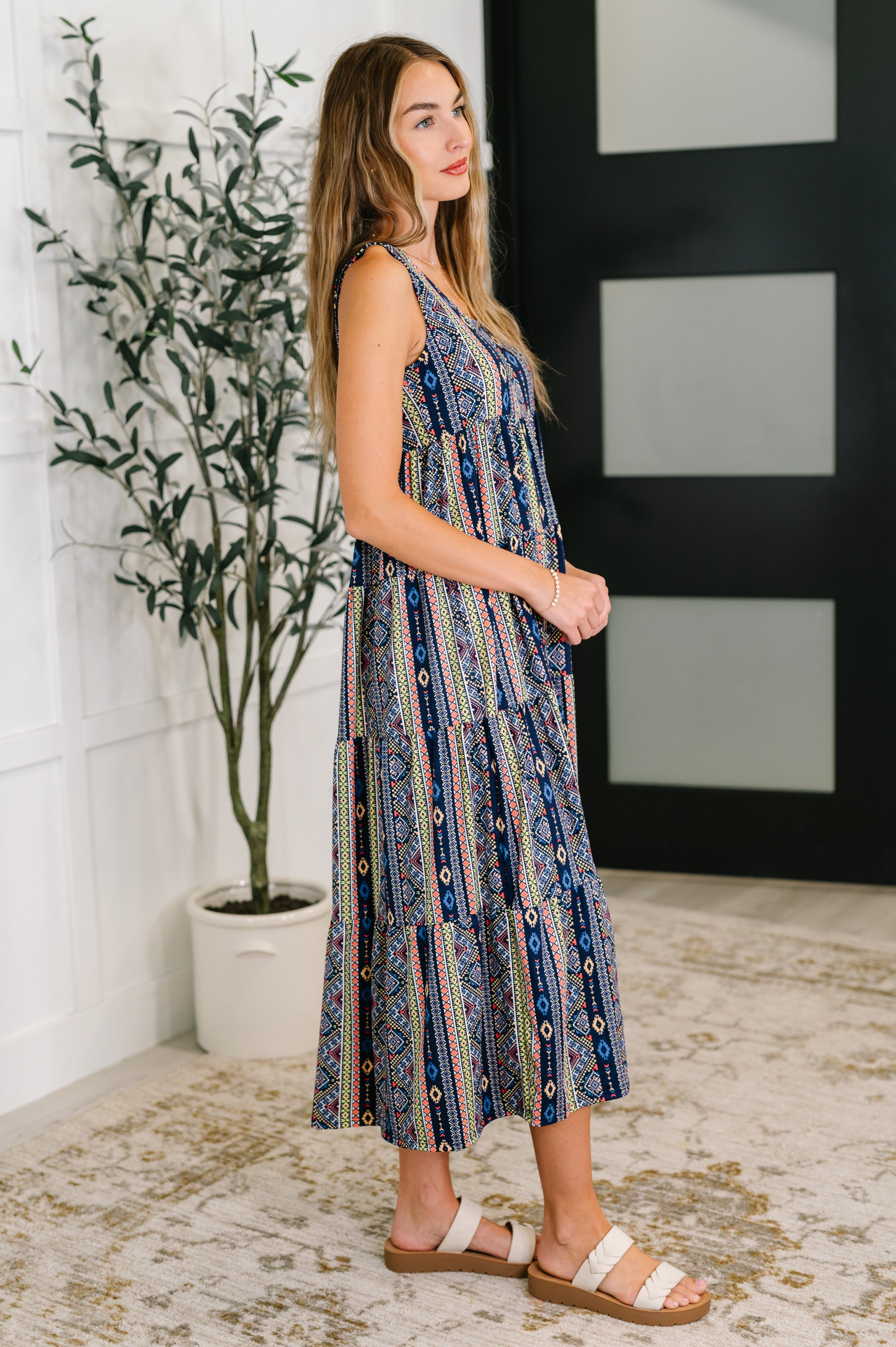 One Eleven North Sierra Spirit Gathered Tiered Dress in Navy Womens