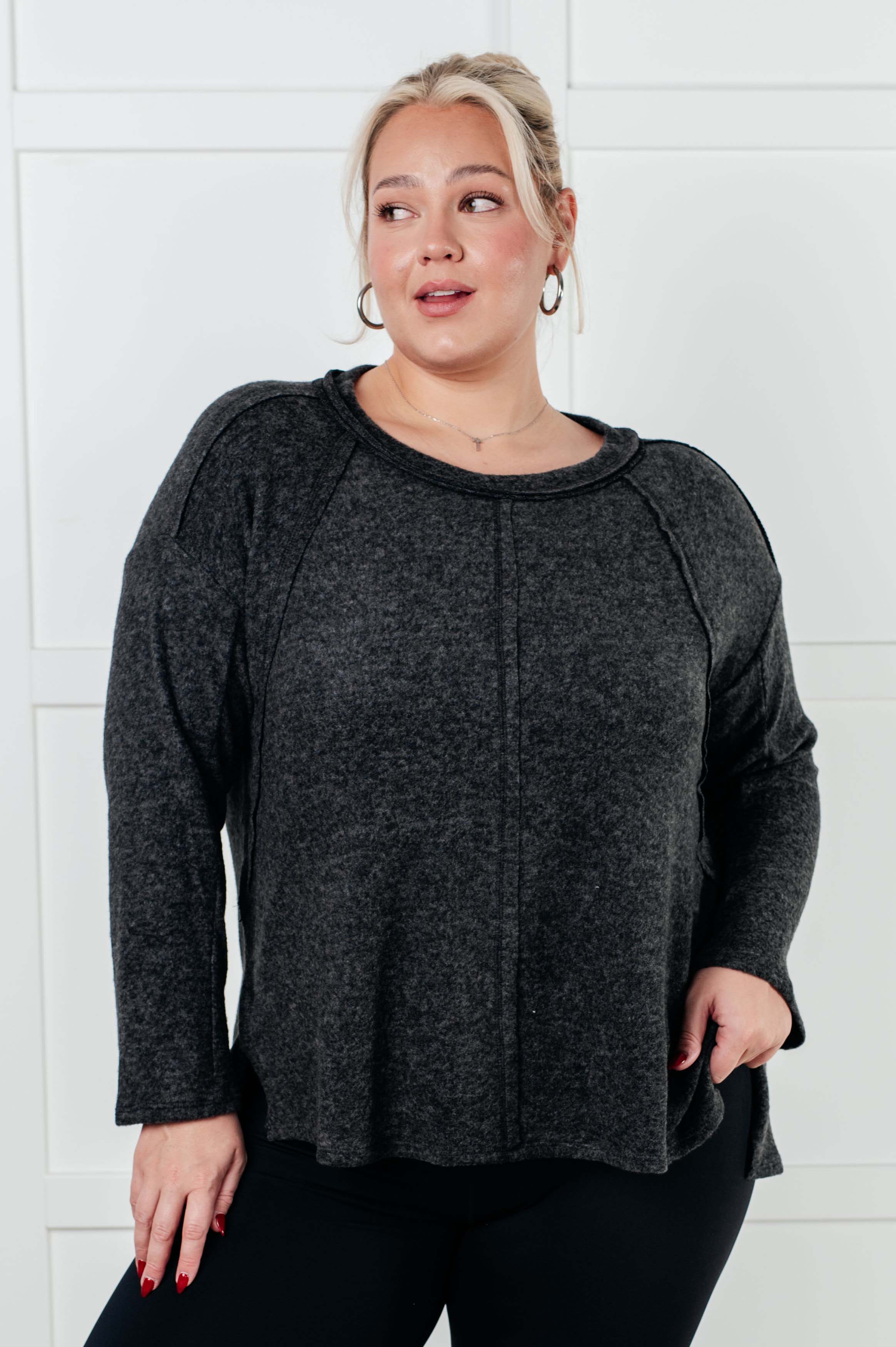 Zenana Simple Silhouette Brushed Hacci Sweater in Black 2XL Shirts & Tops