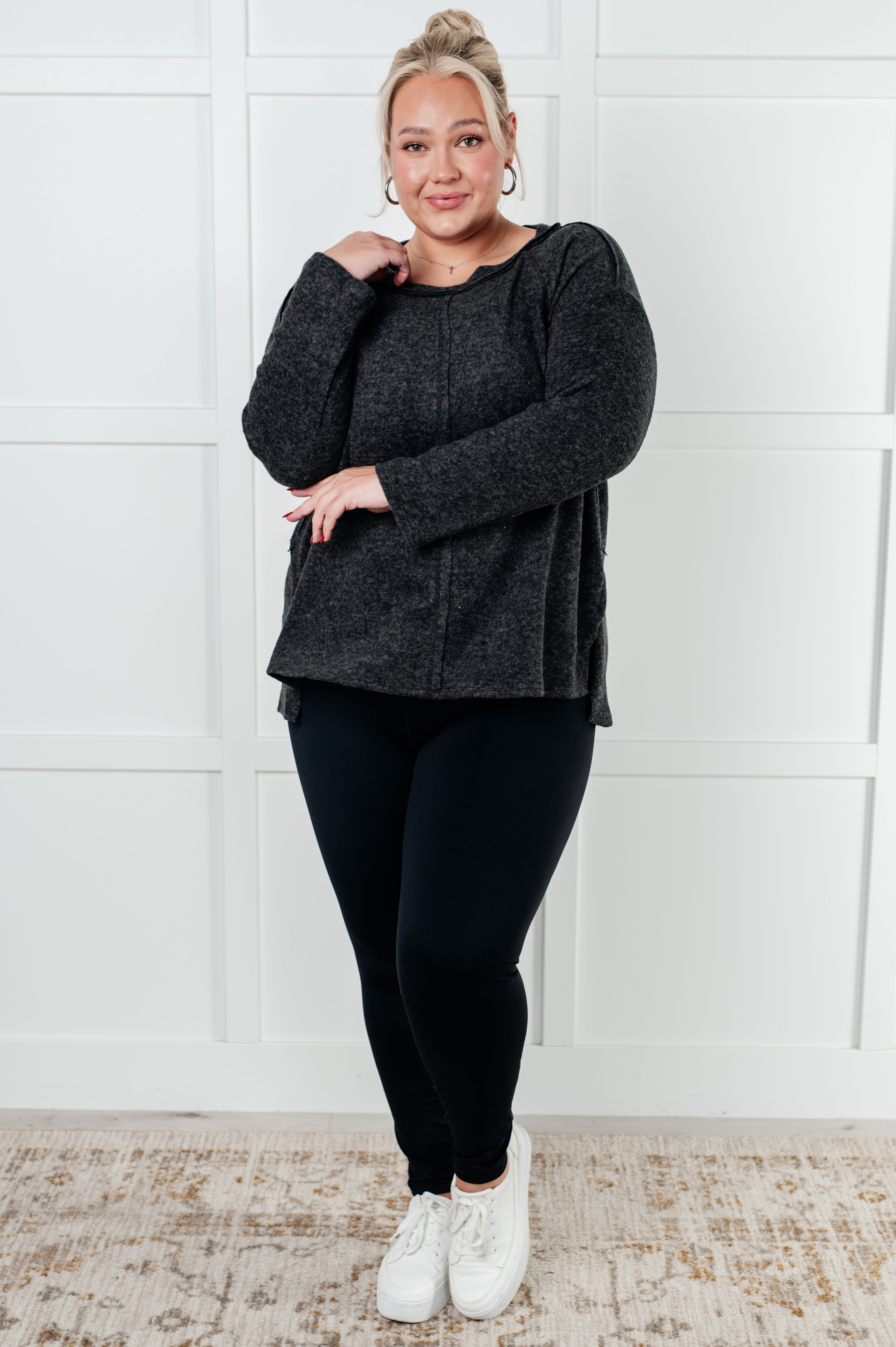 Zenana Simple Silhouette Brushed Hacci Sweater in Black Shirts & Tops