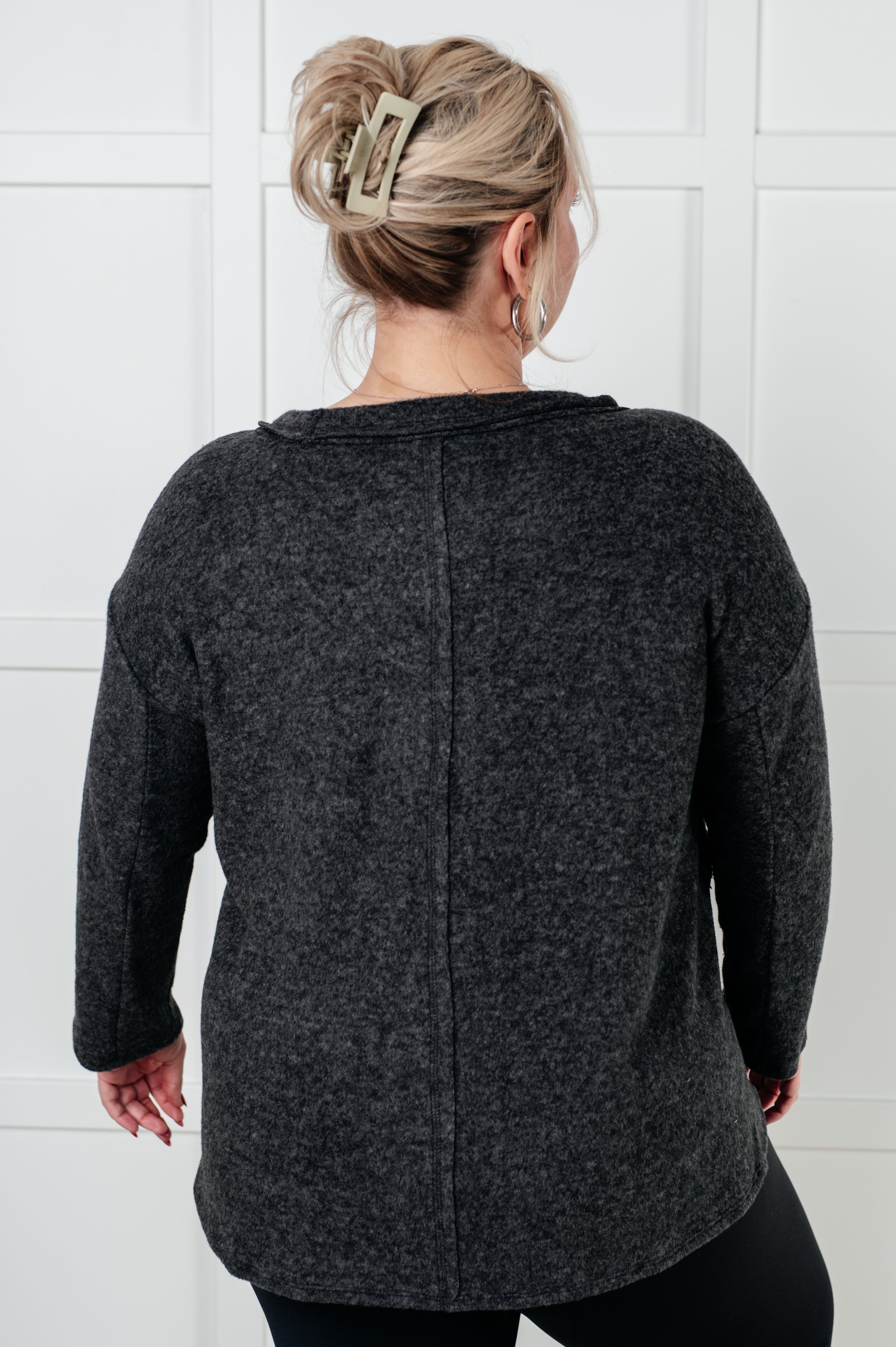 Zenana Simple Silhouette Brushed Hacci Sweater in Black Shirts & Tops