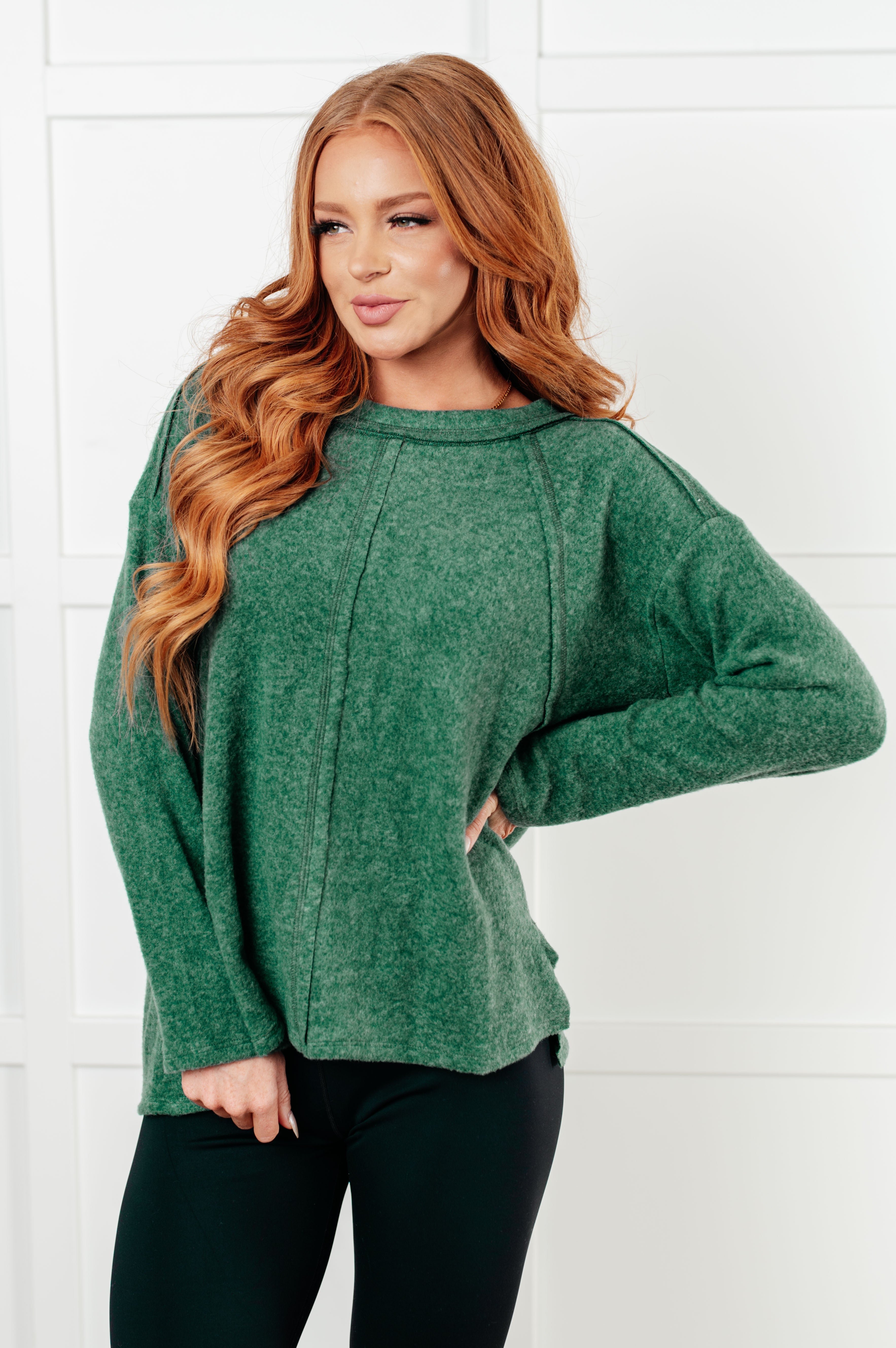 Zenana Simple Silhouette Brushed Hacci Sweater in Dark Green 2XL Sweater