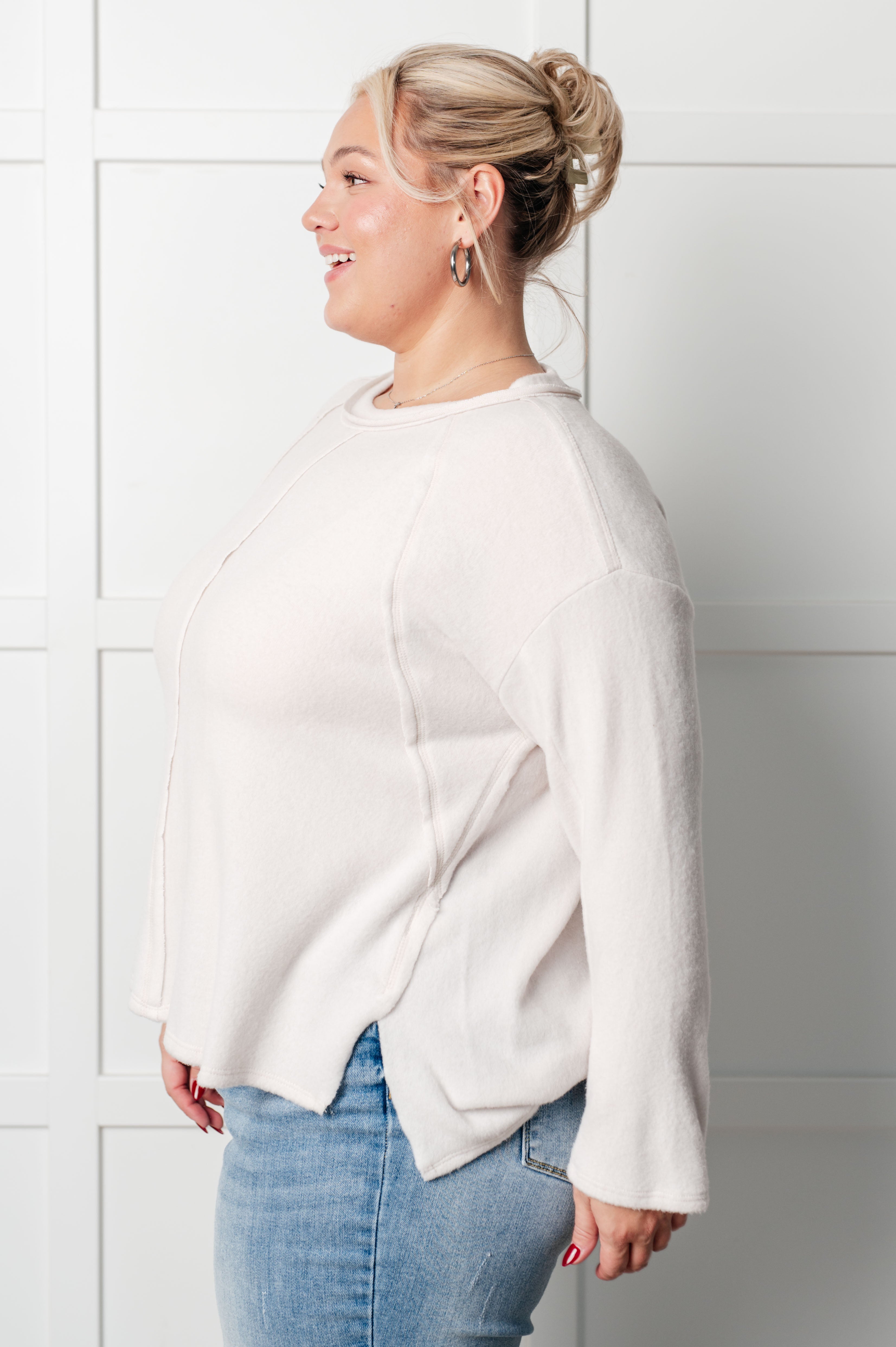 Zenana Simple Silhouette Brushed Hacci Sweater in Sand Beige Sweater