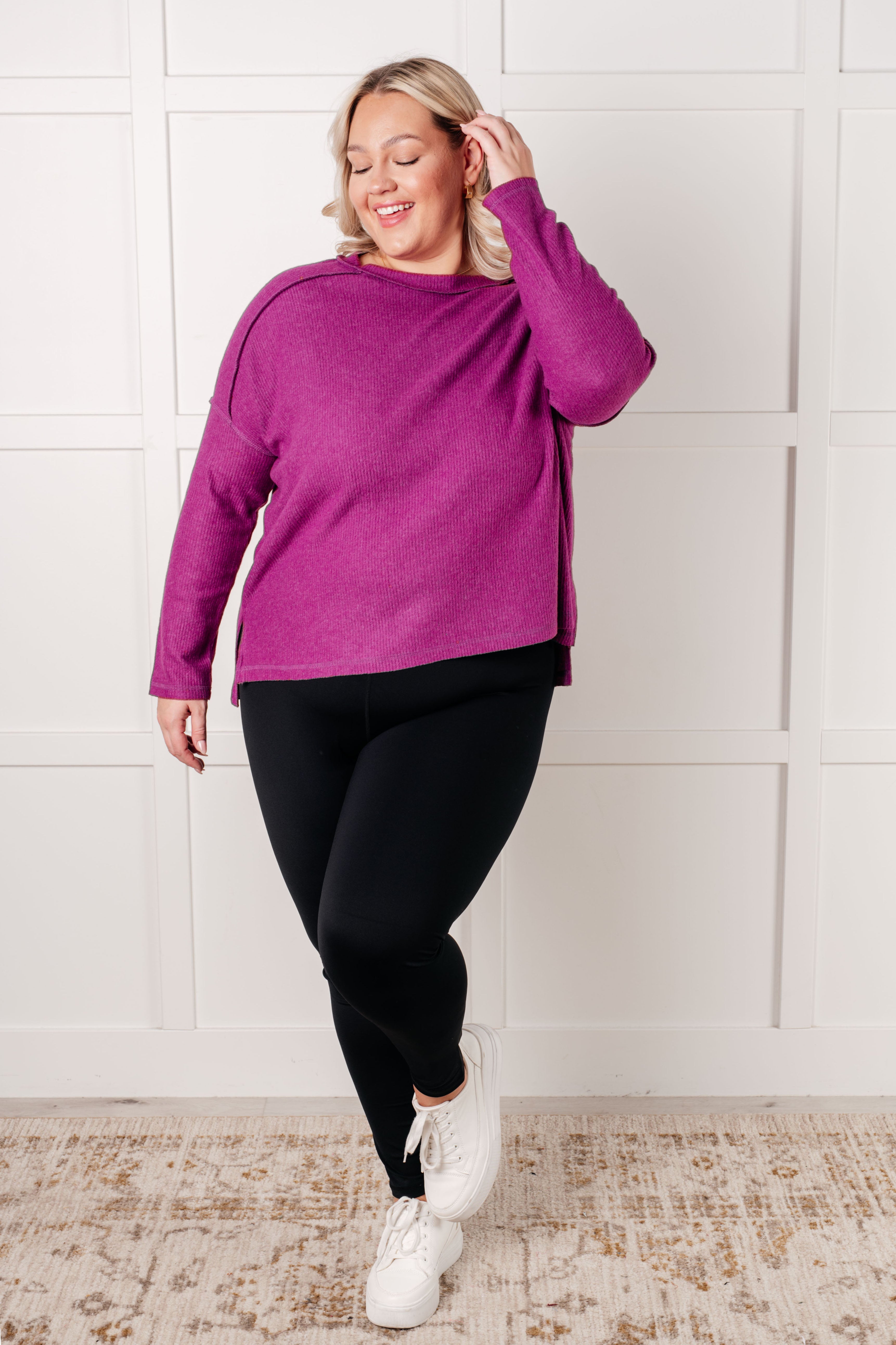 Zenana Basic Ribbed Hacci Sweater in Light Plum Tops