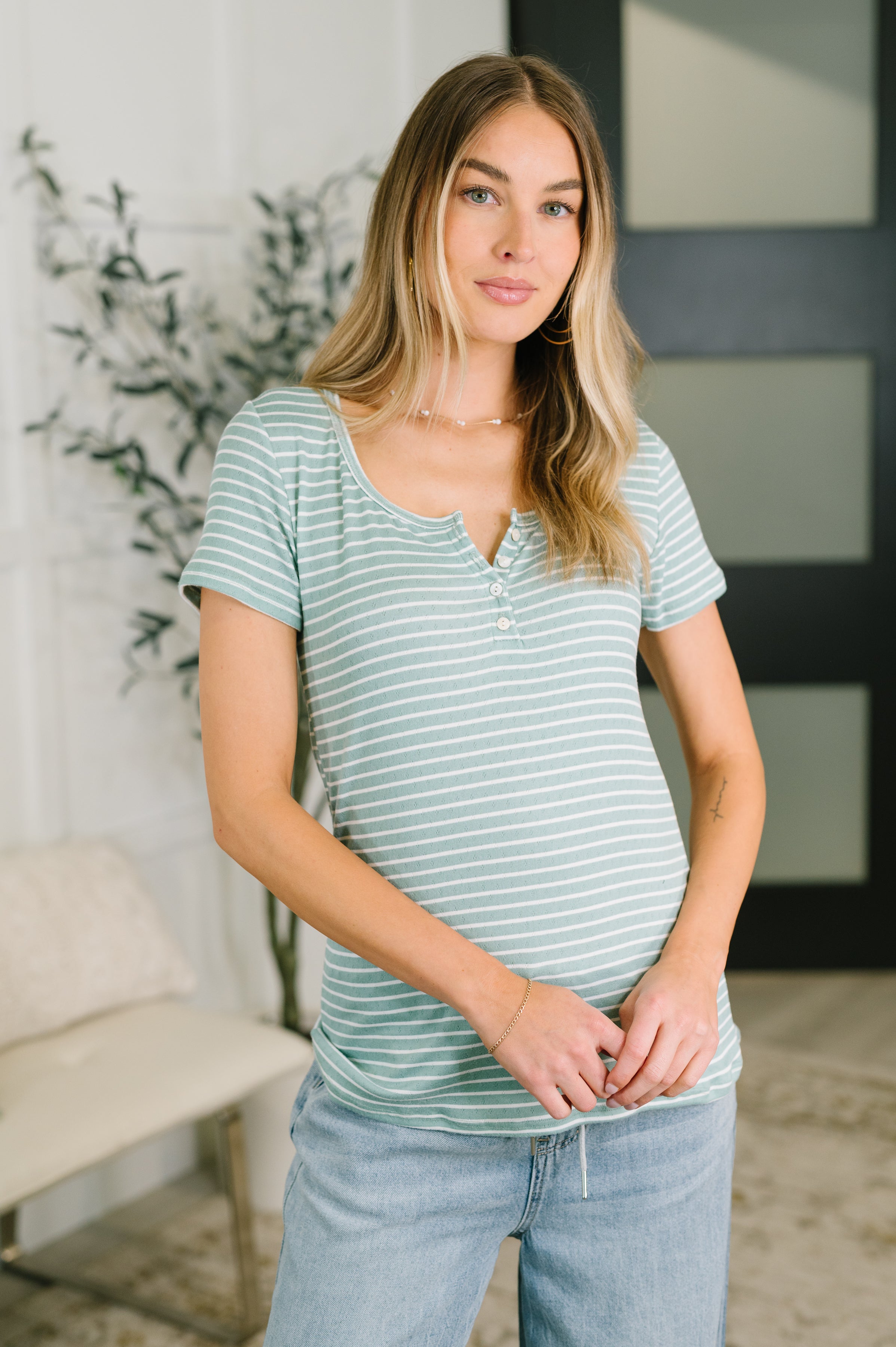 Simply Me Scoop Neck Henley Top Womens