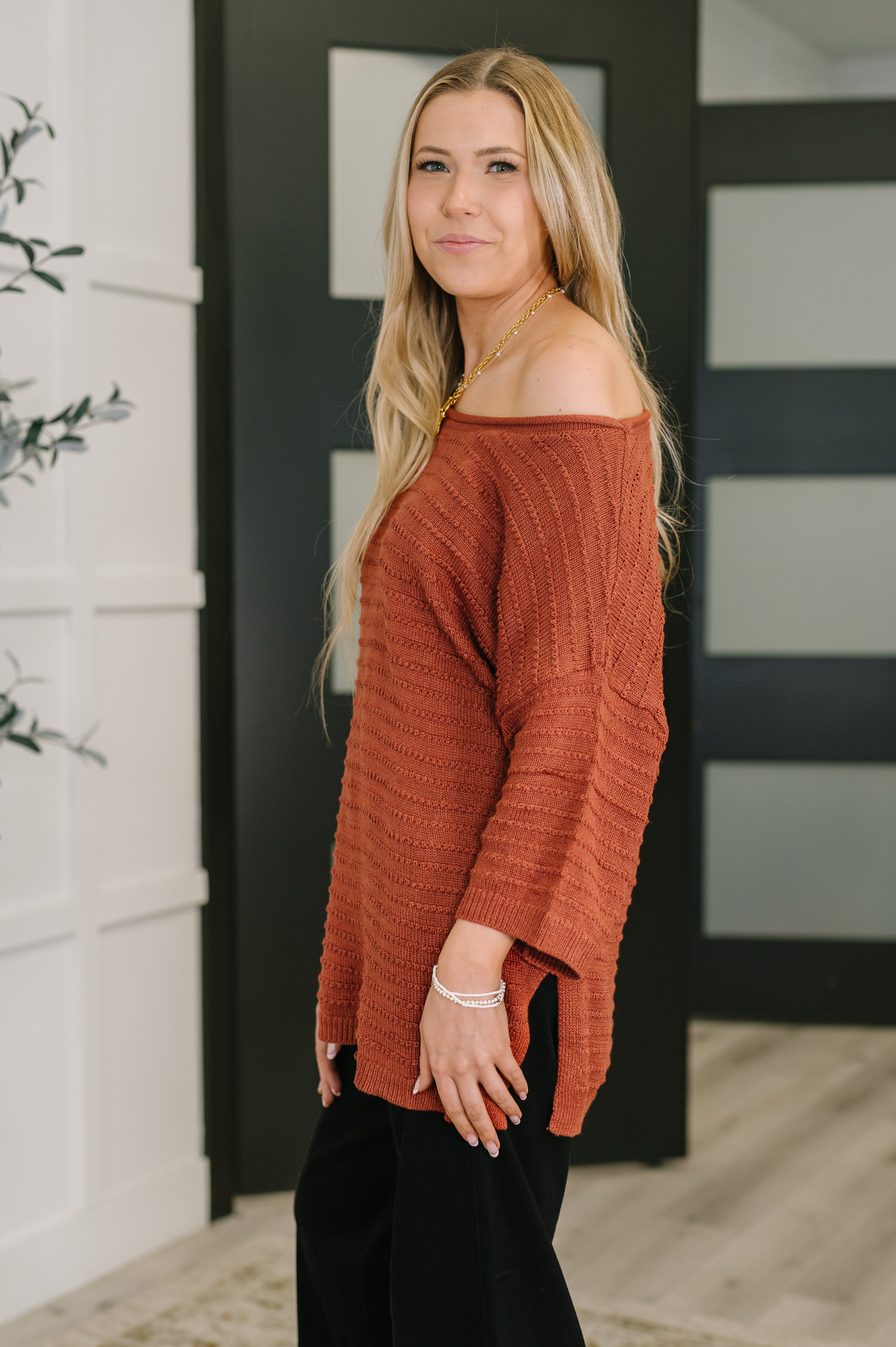 One Eleven North Slouchy Gal Off Shoulder Textured Top in Rust Womens