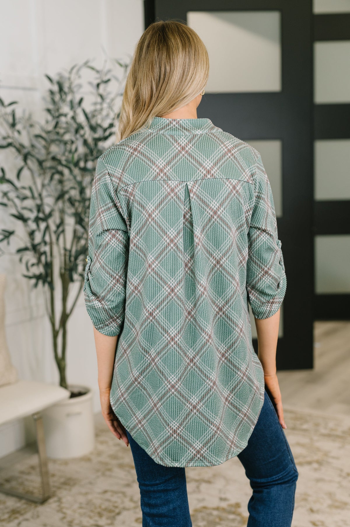 Heimish So It Goes Split Neck Plaid Top Womens