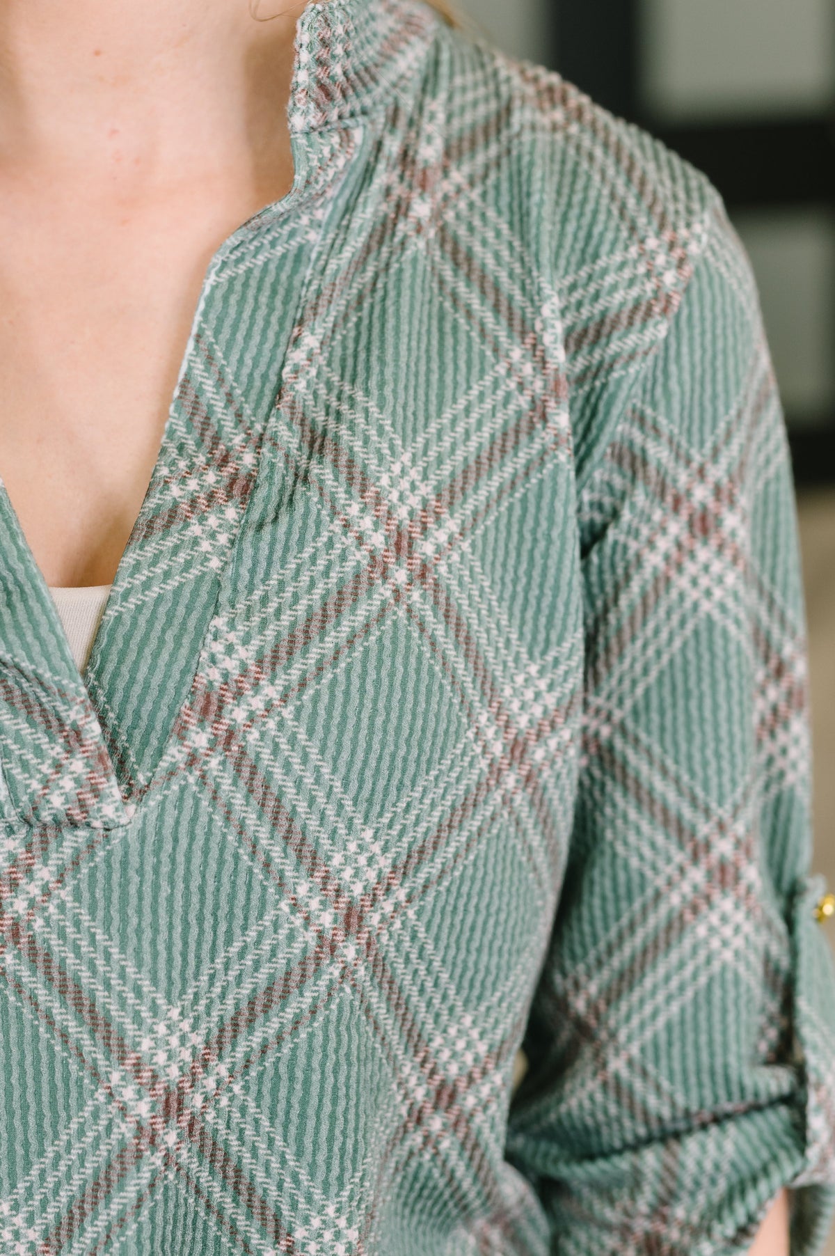 Heimish So It Goes Split Neck Plaid Top Womens