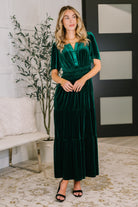 One Eleven North Softest Touch Velvet Tiered Emerald Green Dress Womens
