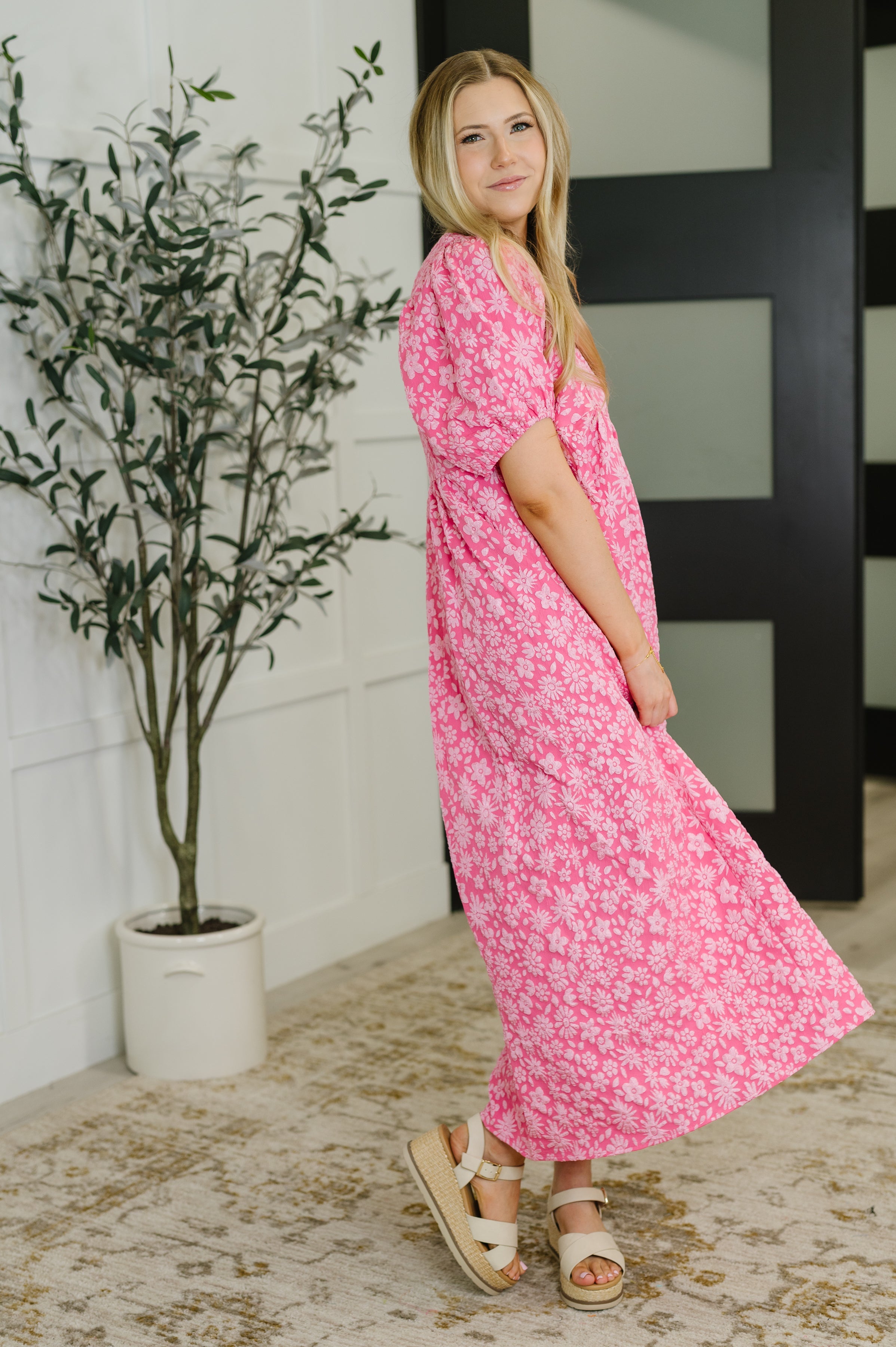 Lovelo Softly Spoken Textured V-Neck Dress in Hot Pink Womens