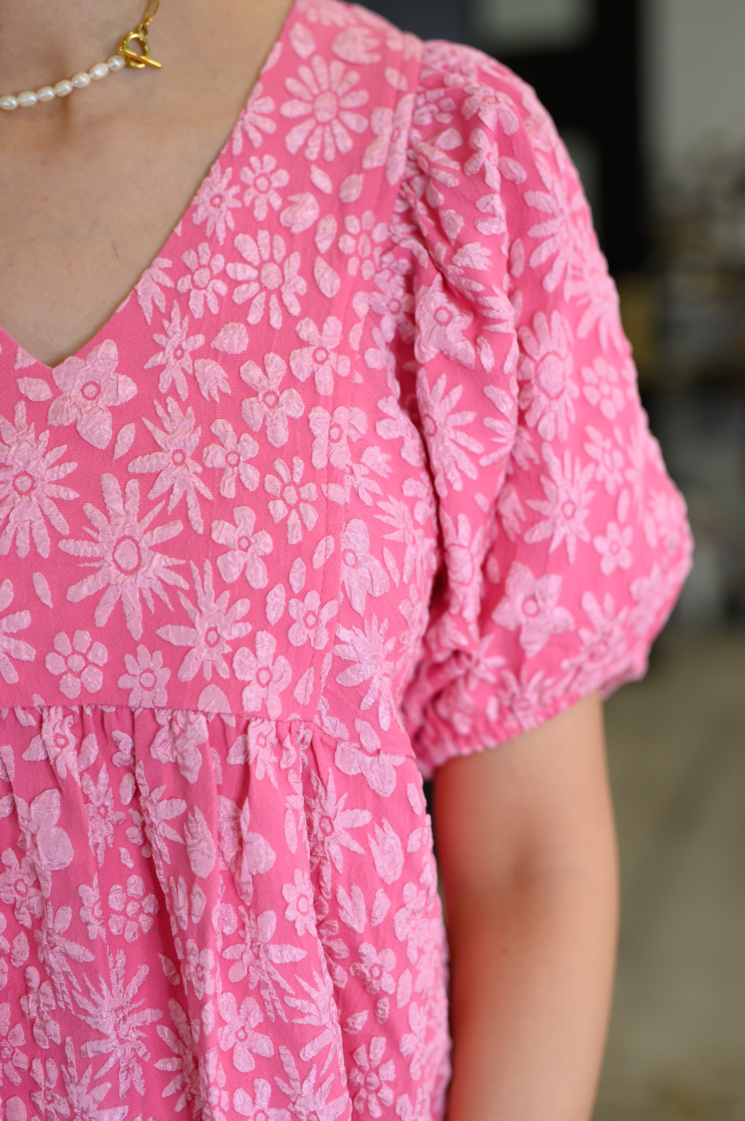 Lovelo Softly Spoken Textured V-Neck Dress in Hot Pink Womens