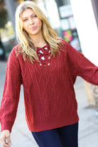 Haptics Fall Vibes Rust Cable Knit Lace Up V Neck Sweater Haptics