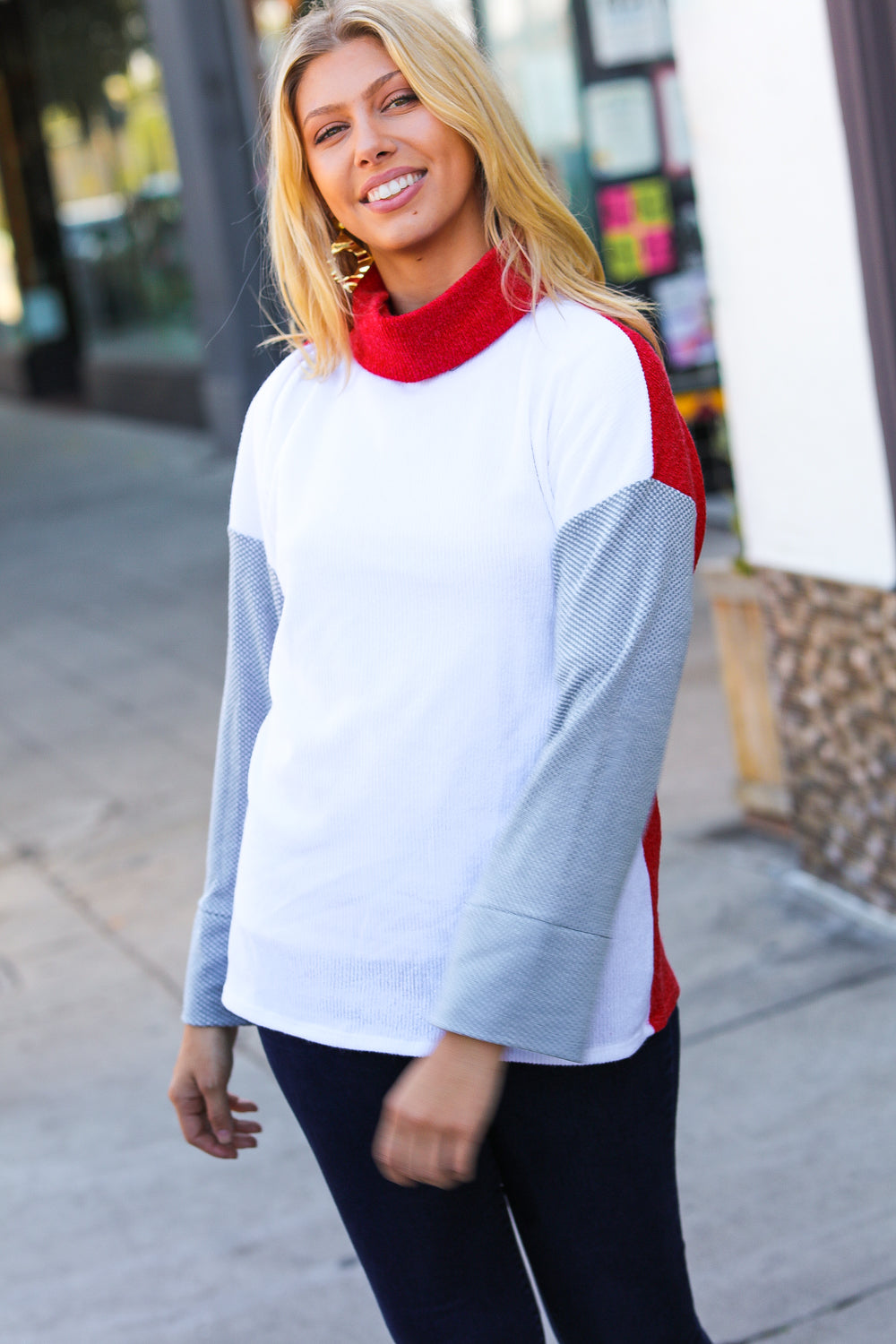 Haptics Red/White Hacci Color Block Jacquard Knit Turtleneck Haptics