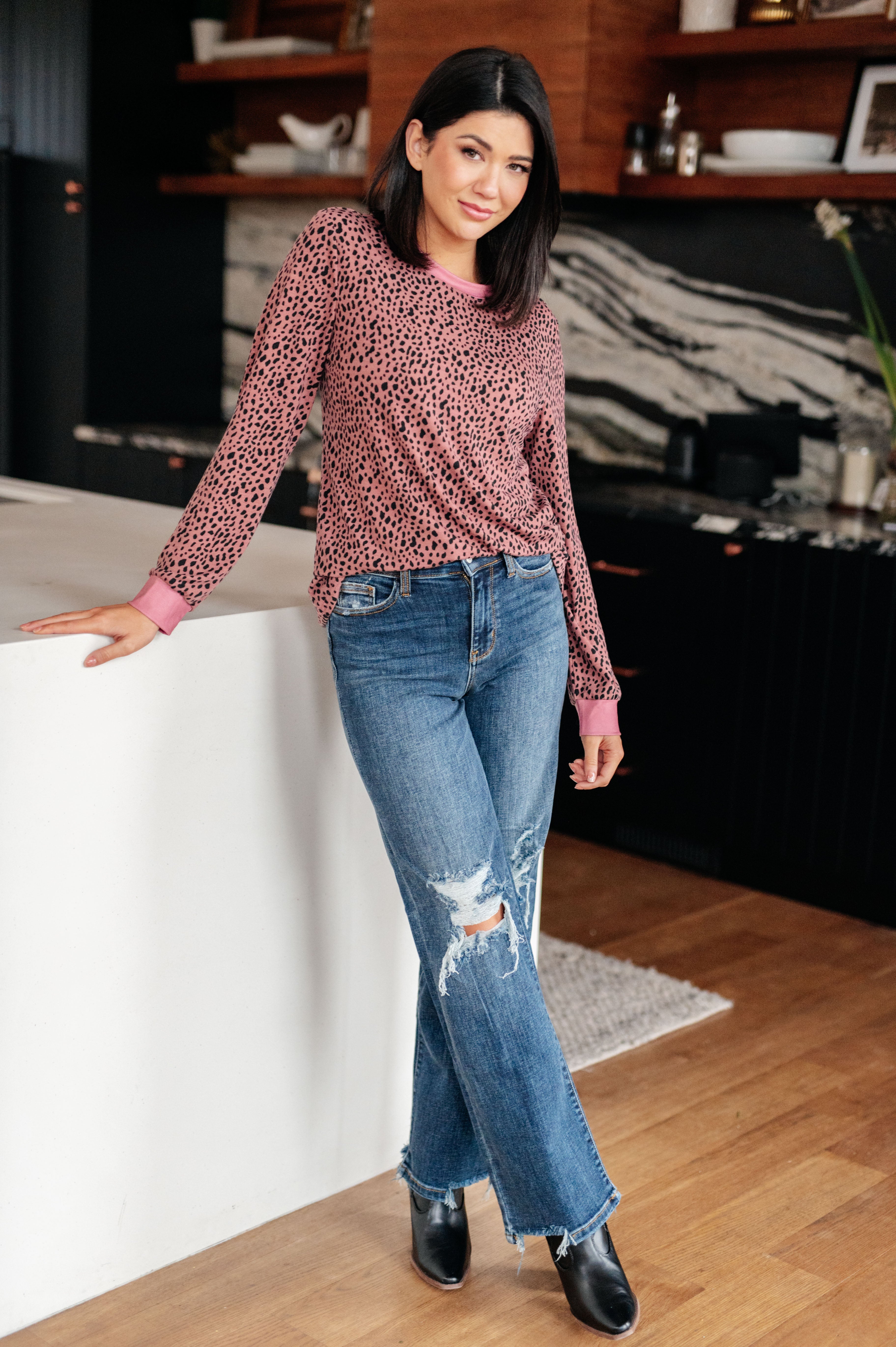 One Eleven North Animal Print Spotted Around Town Long Sleeve Top Tops