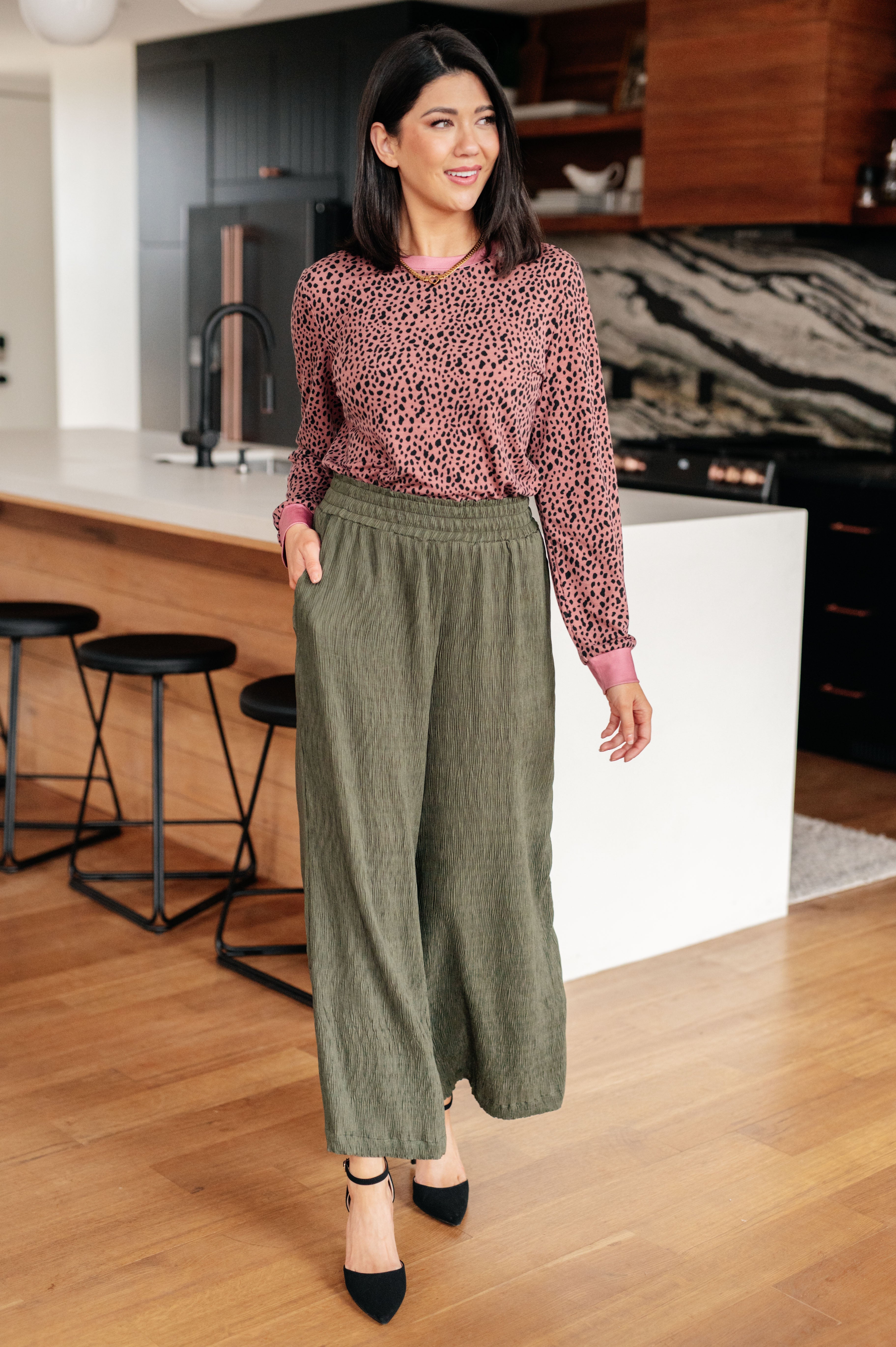 One Eleven North Animal Print Spotted Around Town Long Sleeve Top Tops