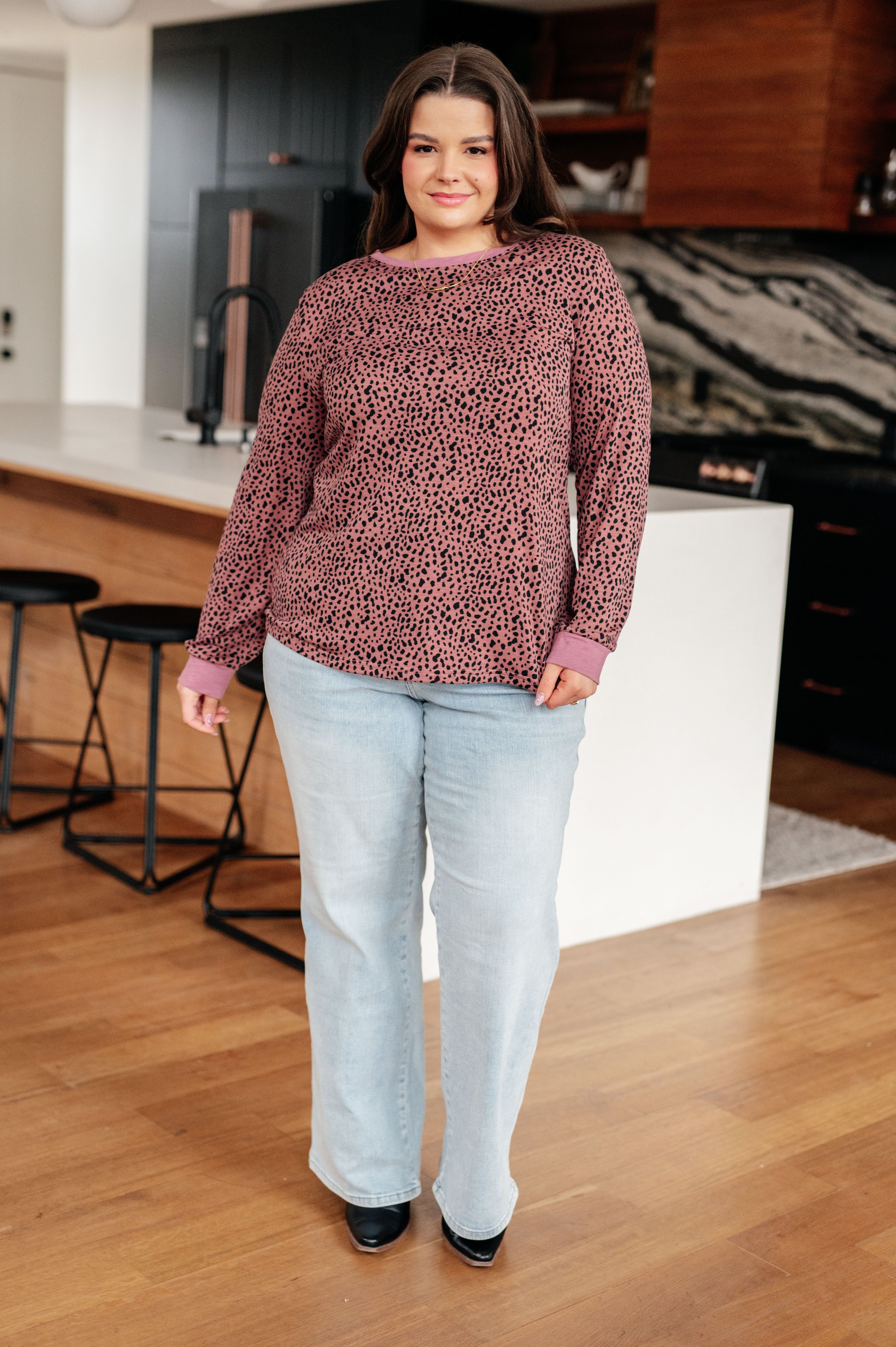 One Eleven North Animal Print Spotted Around Town Long Sleeve Top Tops