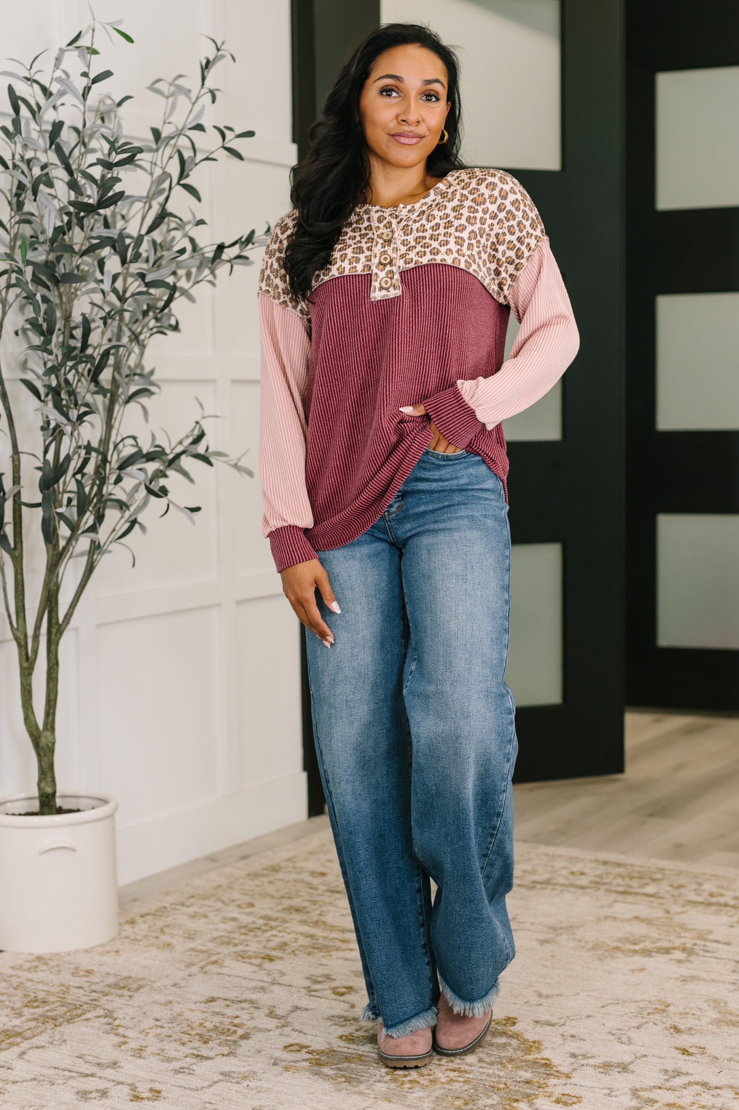 7th Ray Spotted & Blocked Color Block Henley Top Womens