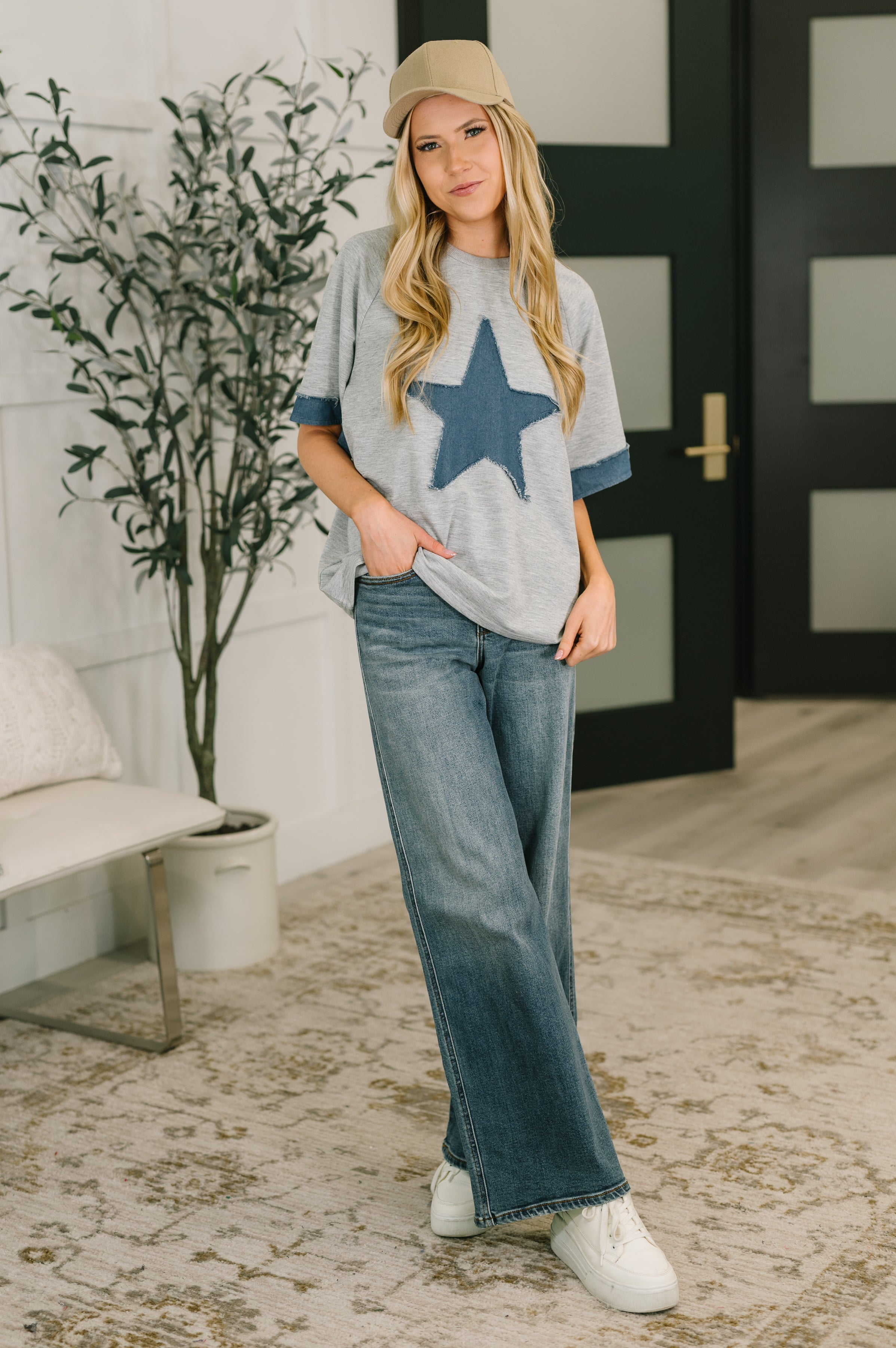 Haptics Star Stud Distressed Applique Top Womens