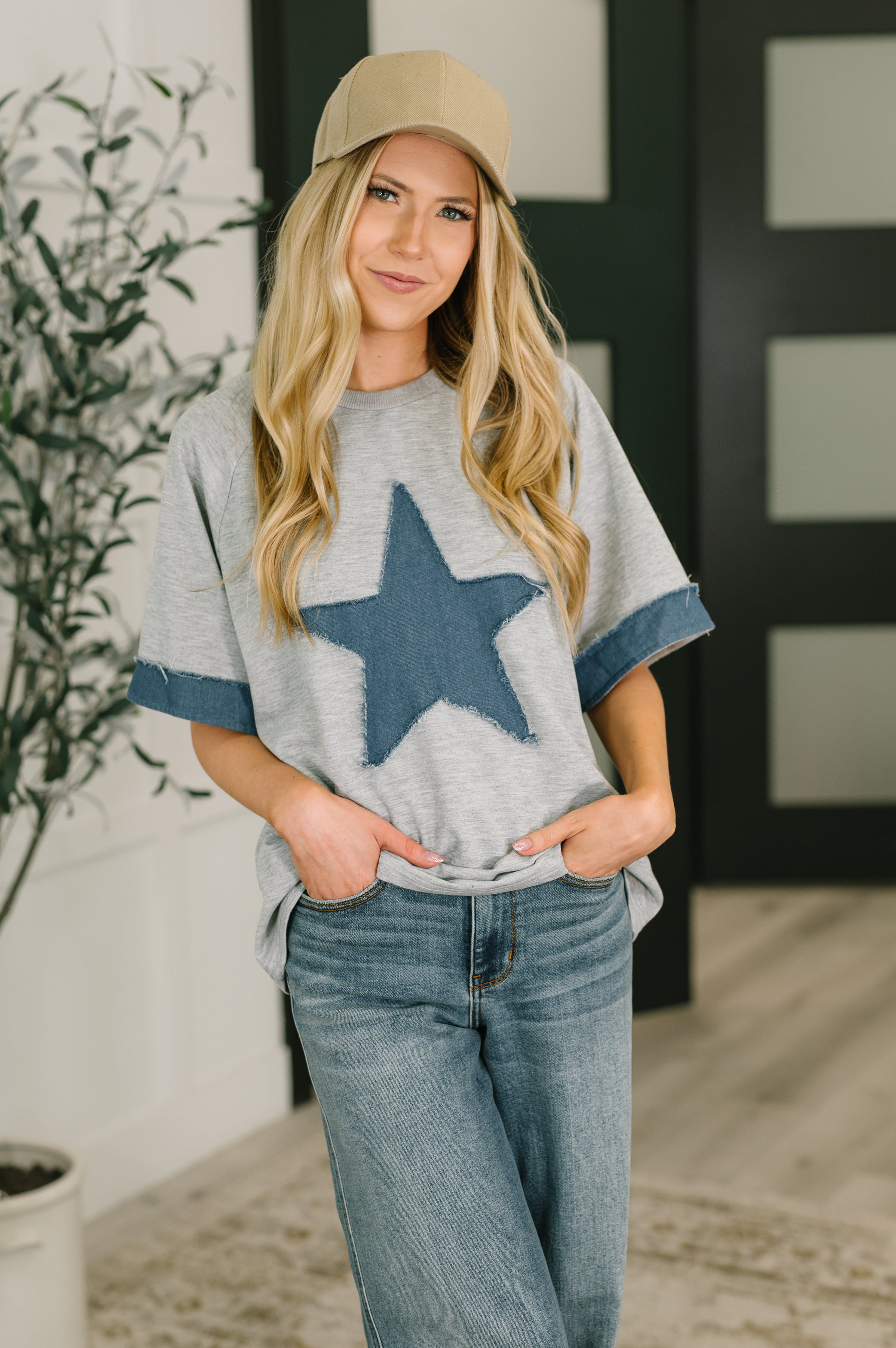Haptics Star Stud Distressed Applique Top Womens