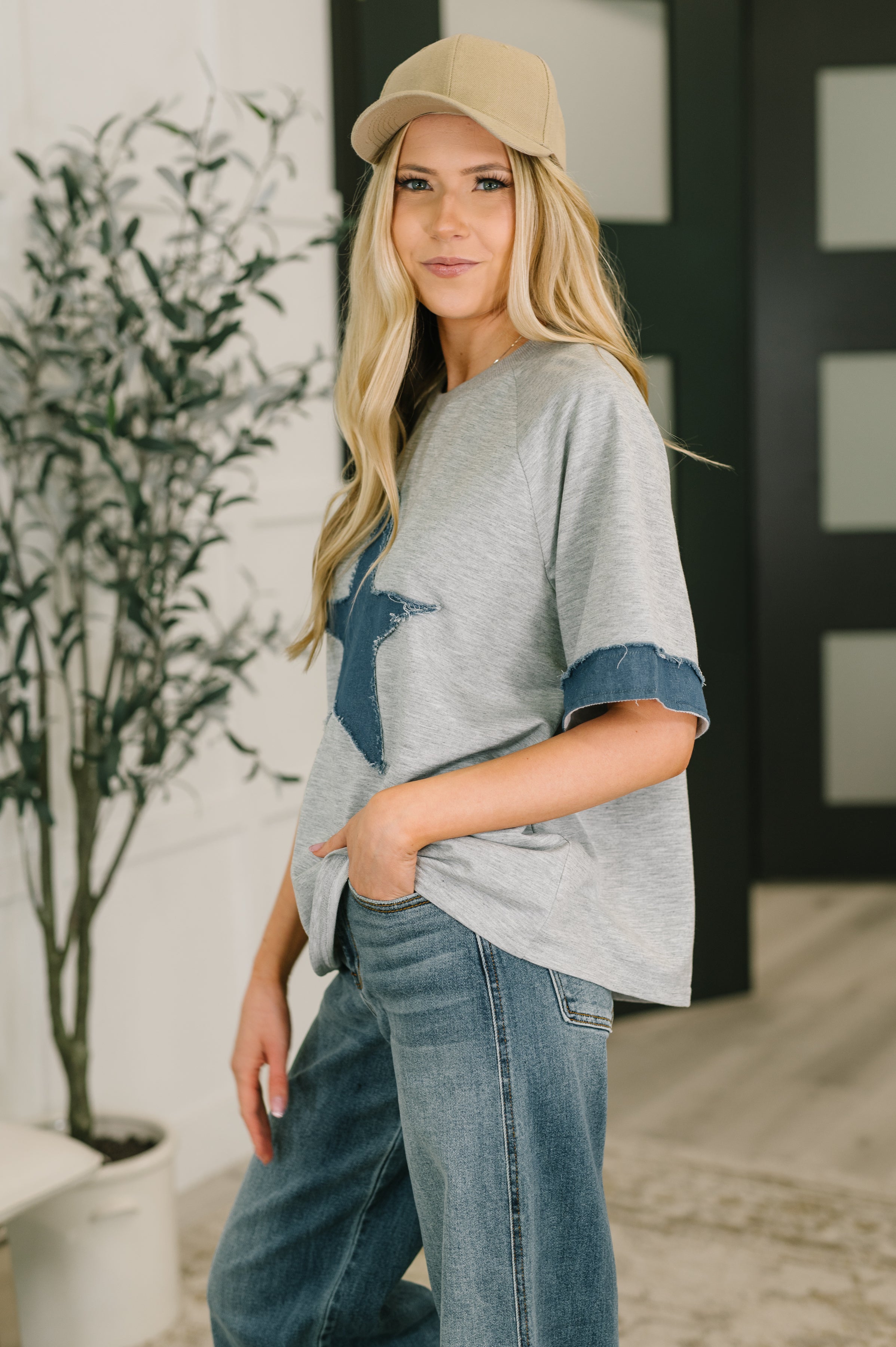 Haptics Star Stud Distressed Applique Top Womens