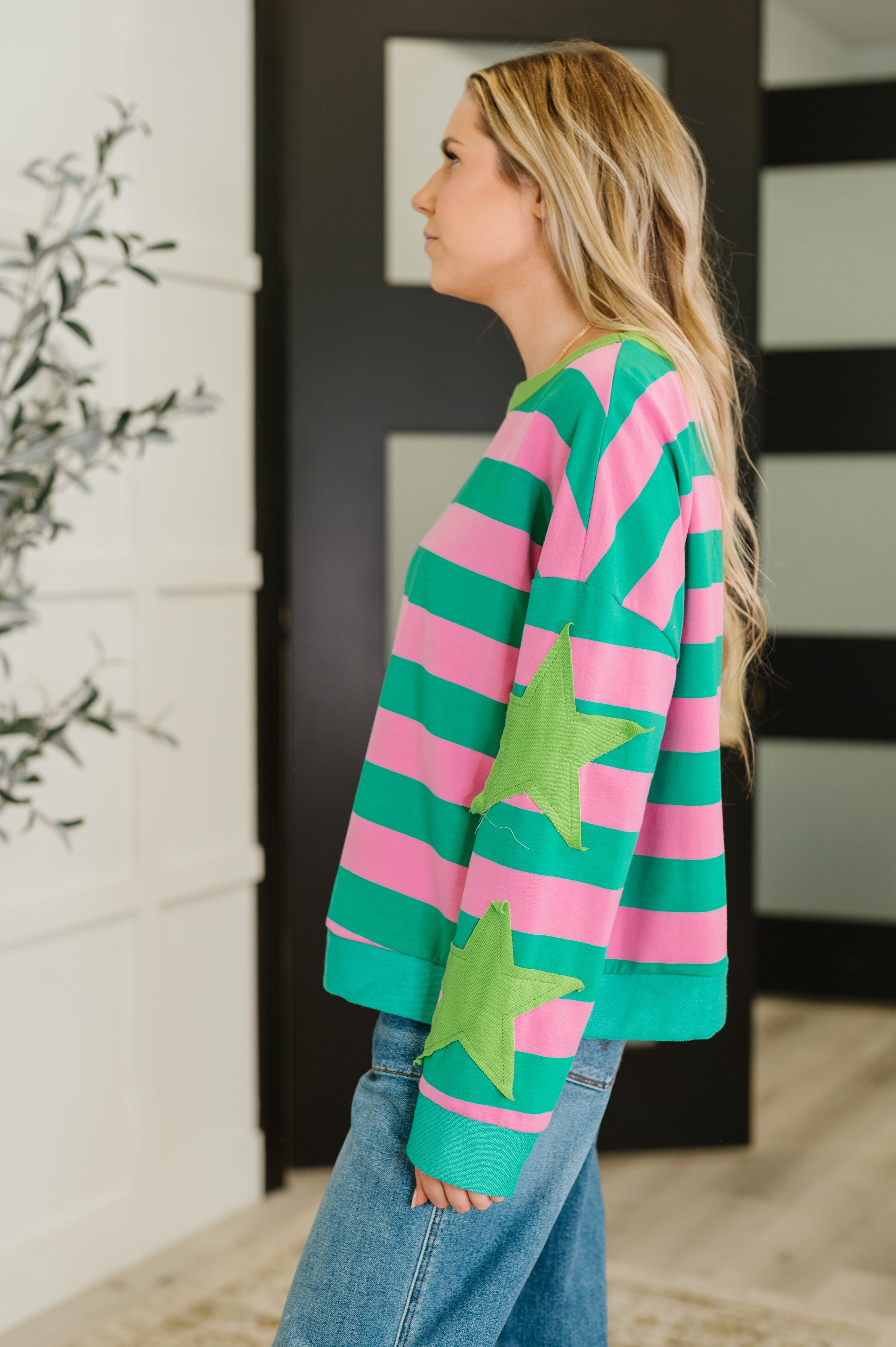One Eleven North Stars On Stripes Patchwork Striped Sweatshirt Womens
