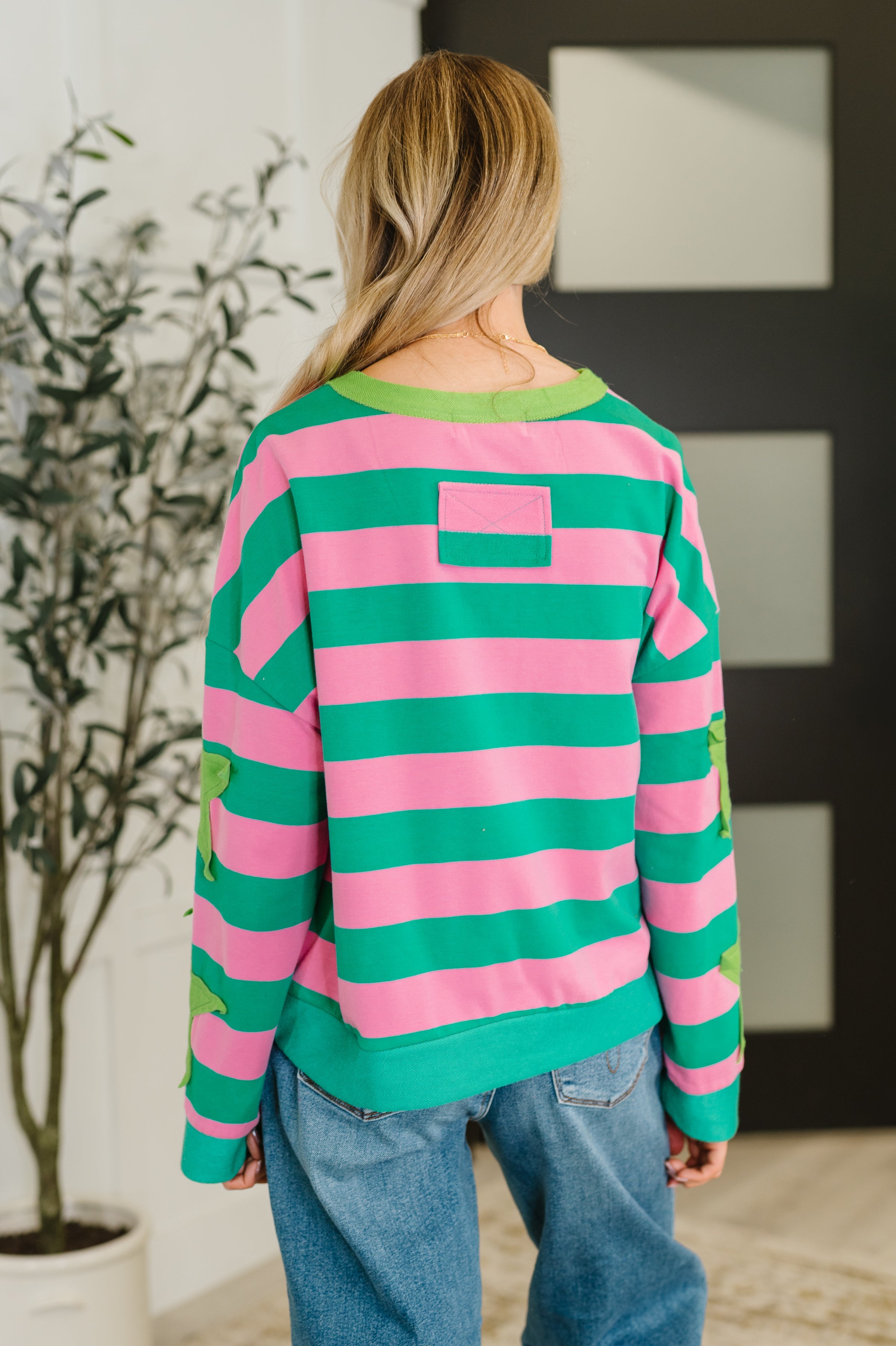 One Eleven North Stars On Stripes Patchwork Pink Striped Sweatshirt Womens
