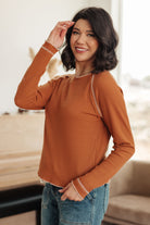One Eleven North Stitch In Time Waffle Knit Raglan Long Sleeve Top in Rust Tops