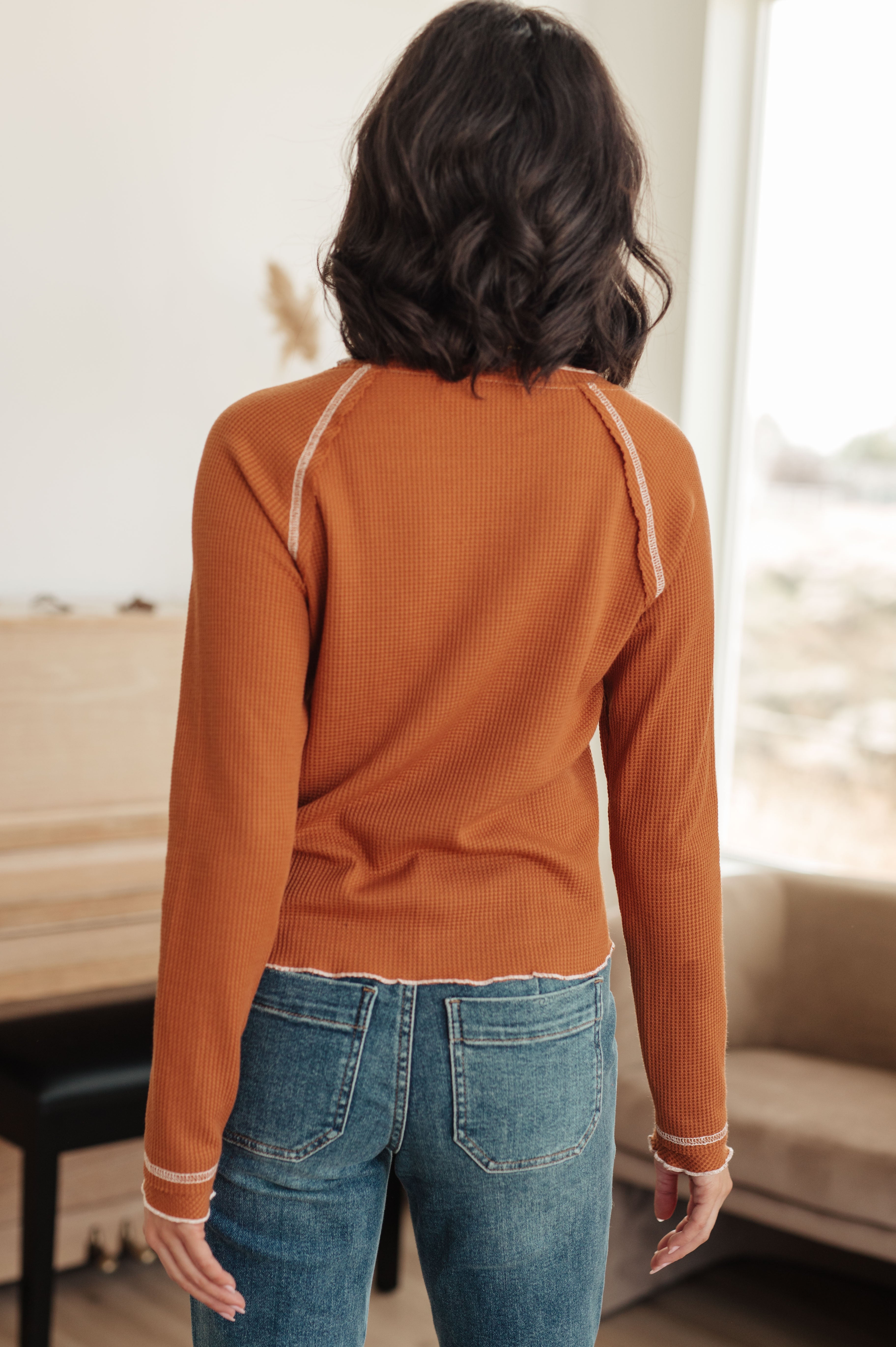 One Eleven North Stitch In Time Waffle Knit Raglan Long Sleeve Top in Rust Tops