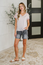 Staccato Stitched with Love V-Neck Top in Ivory and Red Womens