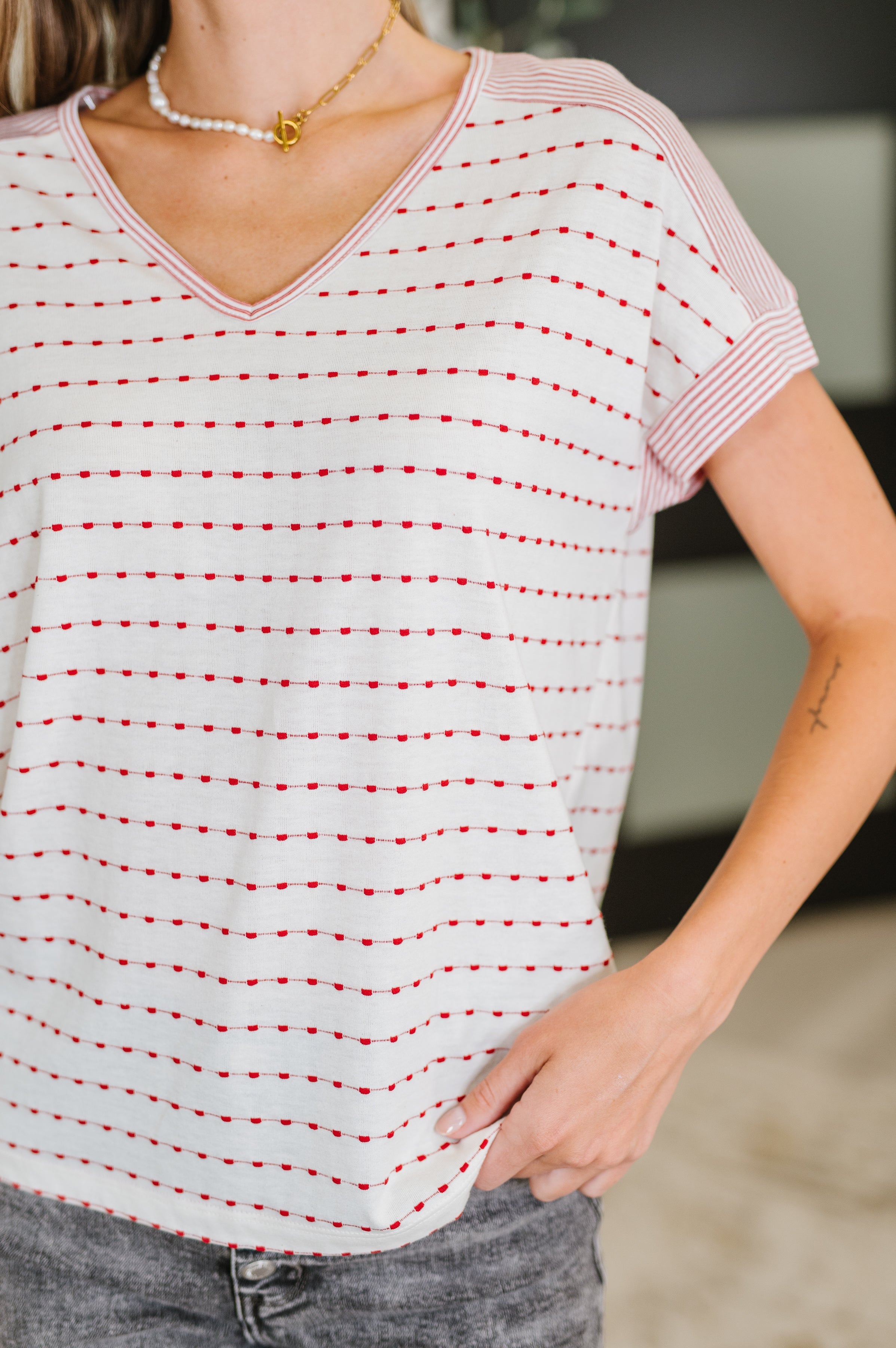 Staccato Stitched with Love V-Neck Top in Ivory and Red Womens