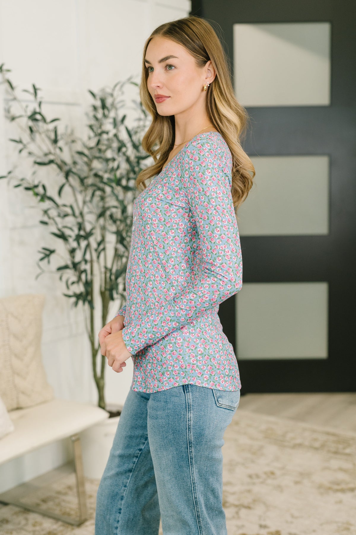 7th Ray Stop and Smell the Flowers Scoop Neck Henley Womens