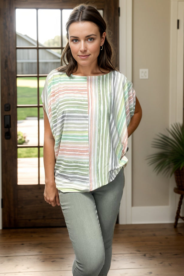 White Birch Striped Goddess Dolman Sleeve Top