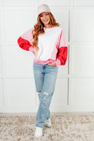 One Eleven North French Terry Stripes on My Sleeves Pink & Red Color Block Pullover Tops