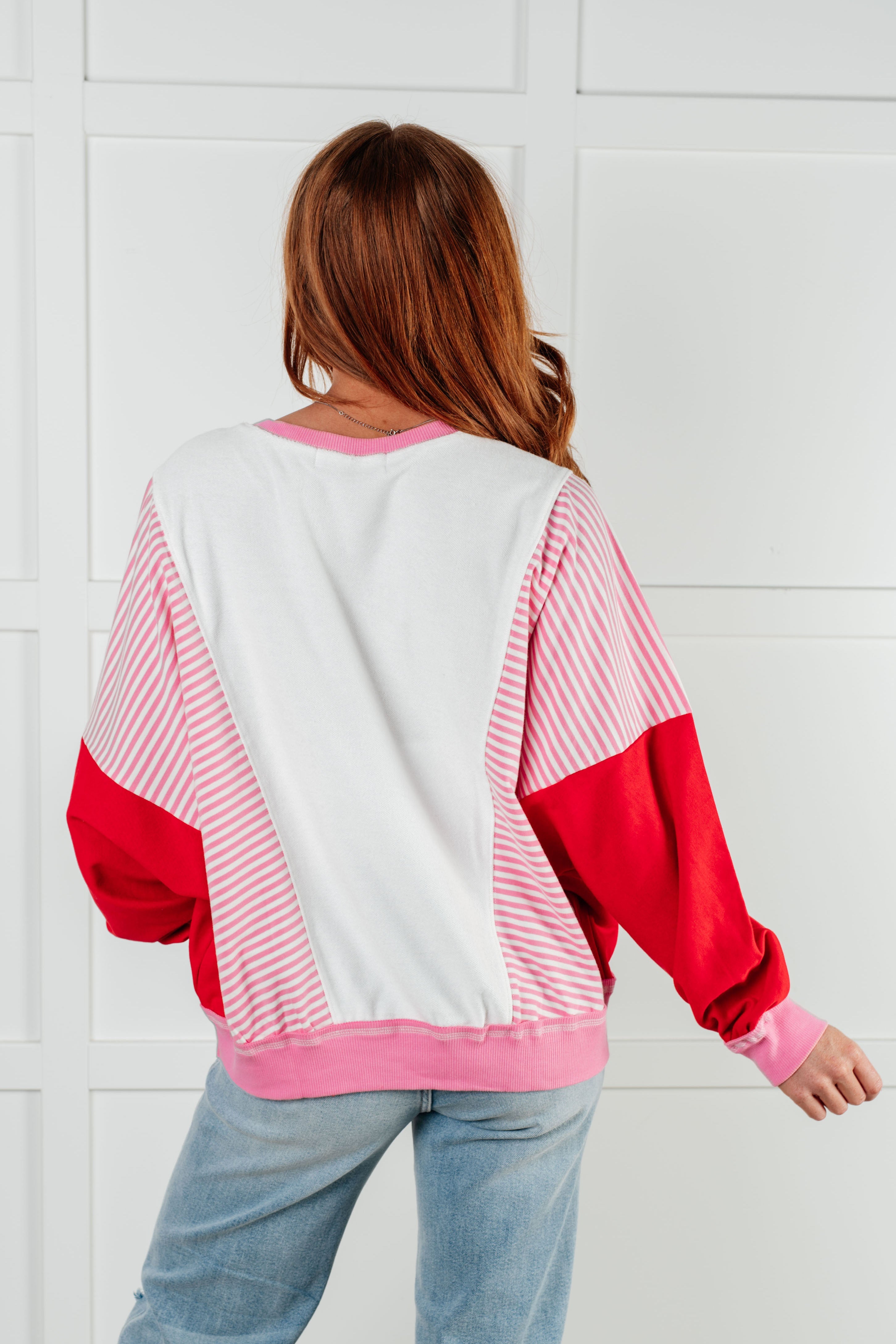 One Eleven North French Terry Stripes on My Sleeves Pink & Red Color Block Pullover Tops